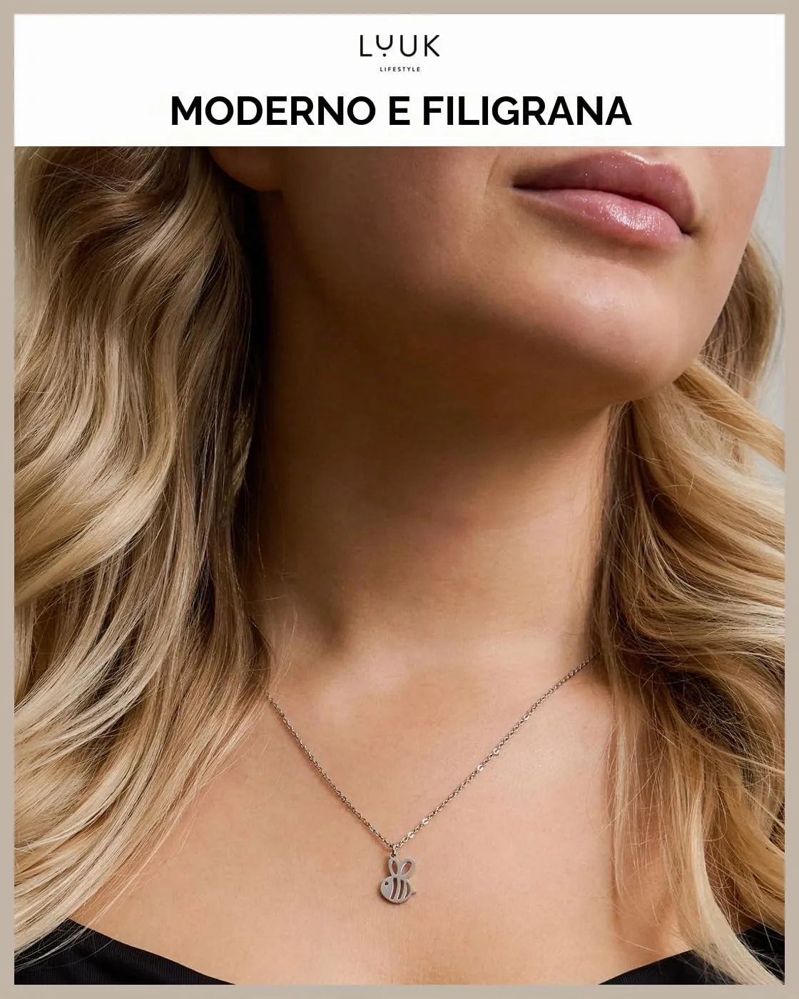 LUUK LIFESTYLE Collana Acciaio Inox con Ciondolo Ape, Argento, 50cm - immagine 3