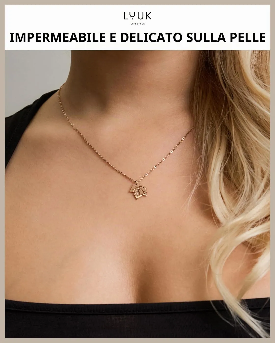 LUUK LIFESTYLE Collana con Ciondolo Foglia d'Acero, Oro Rosa, 50cm - immagine 2