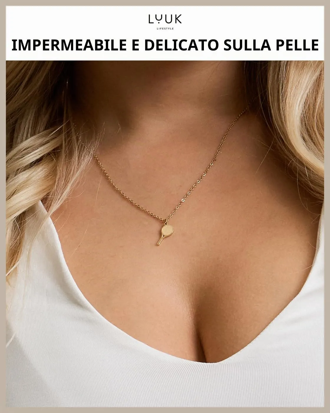 LUUK LIFESTYLE Collana con Ciondolo Racchetta da Tennis, Oro, 50cm - immagine 2