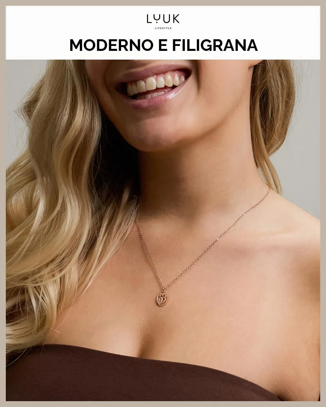 LUUK LIFESTYLE Collana Acciaio Inox con Ciondolo Gufo, Oro Rosa, 50cm - immagine 3