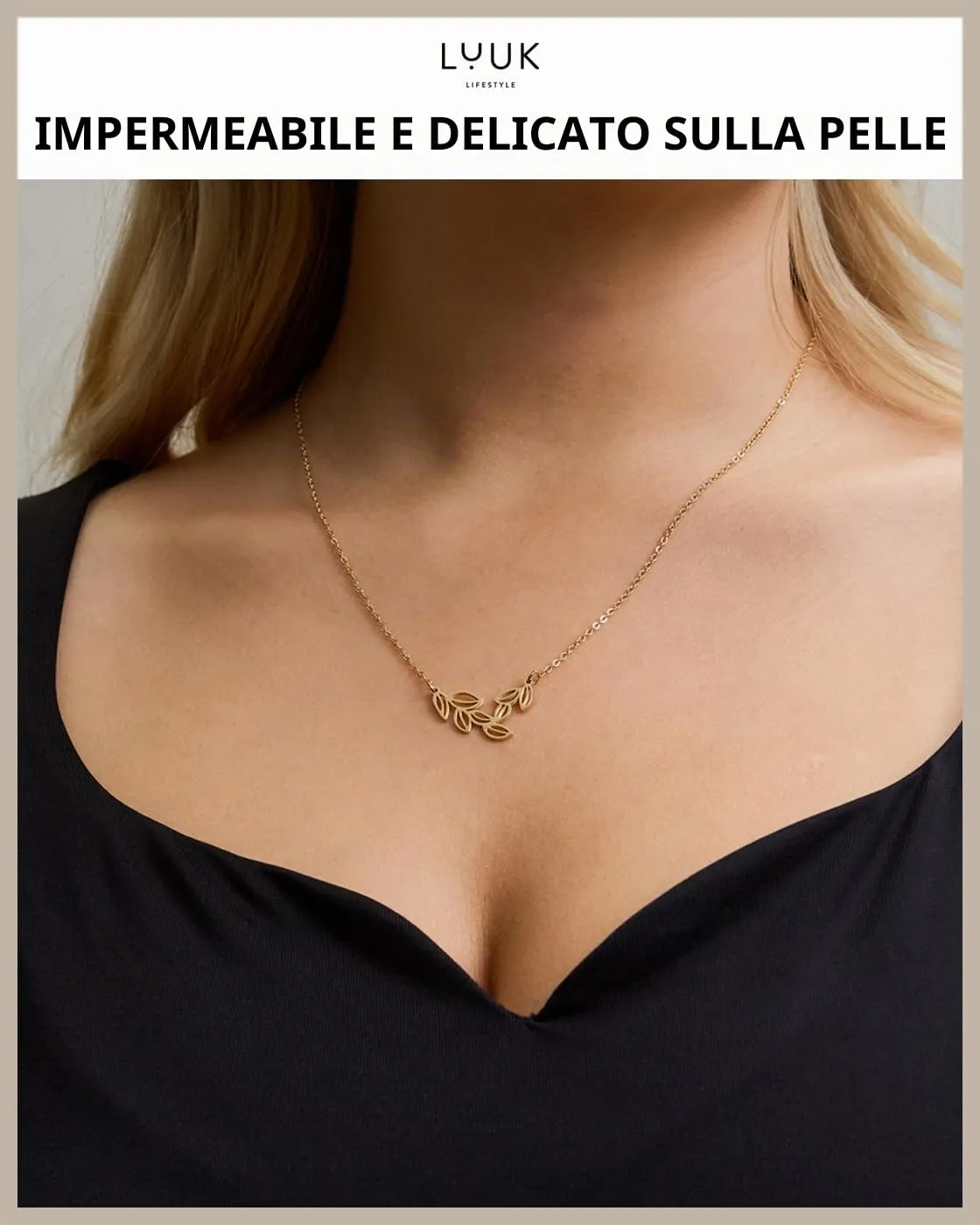 LUUK LIFESTYLE Collana con Ciondolo Ramo d'Ulivo, Oro, 50cm - immagine 2