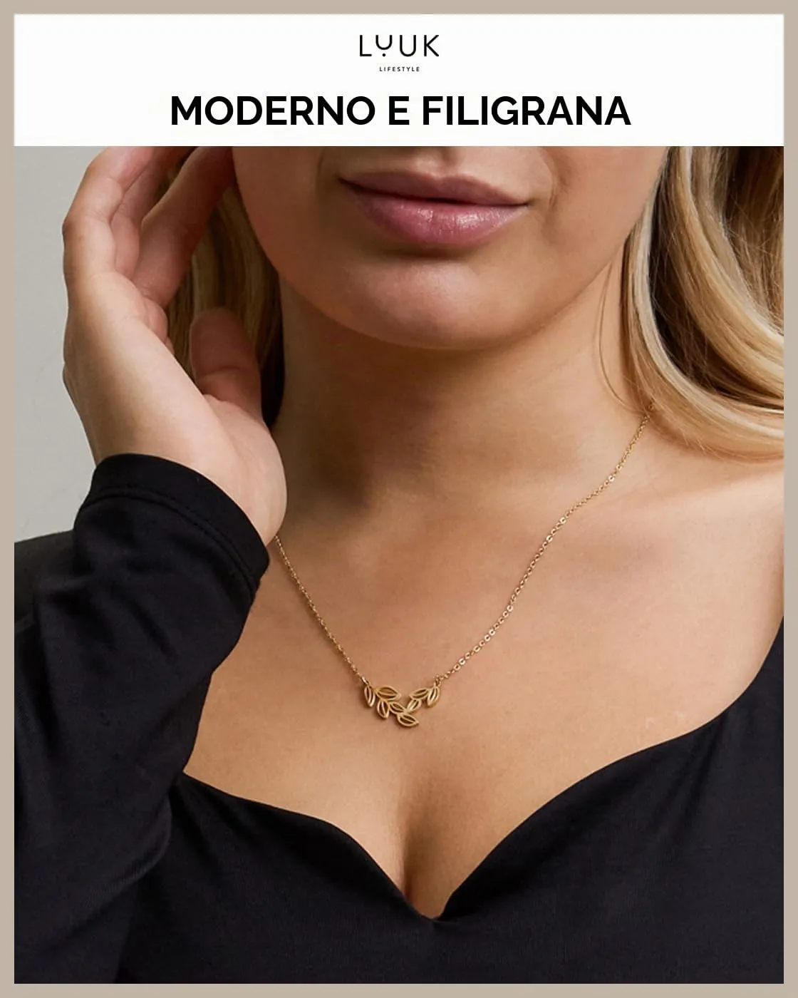 LUUK LIFESTYLE Collana con Ciondolo Ramo d'Ulivo, Oro, 50cm - immagine 3