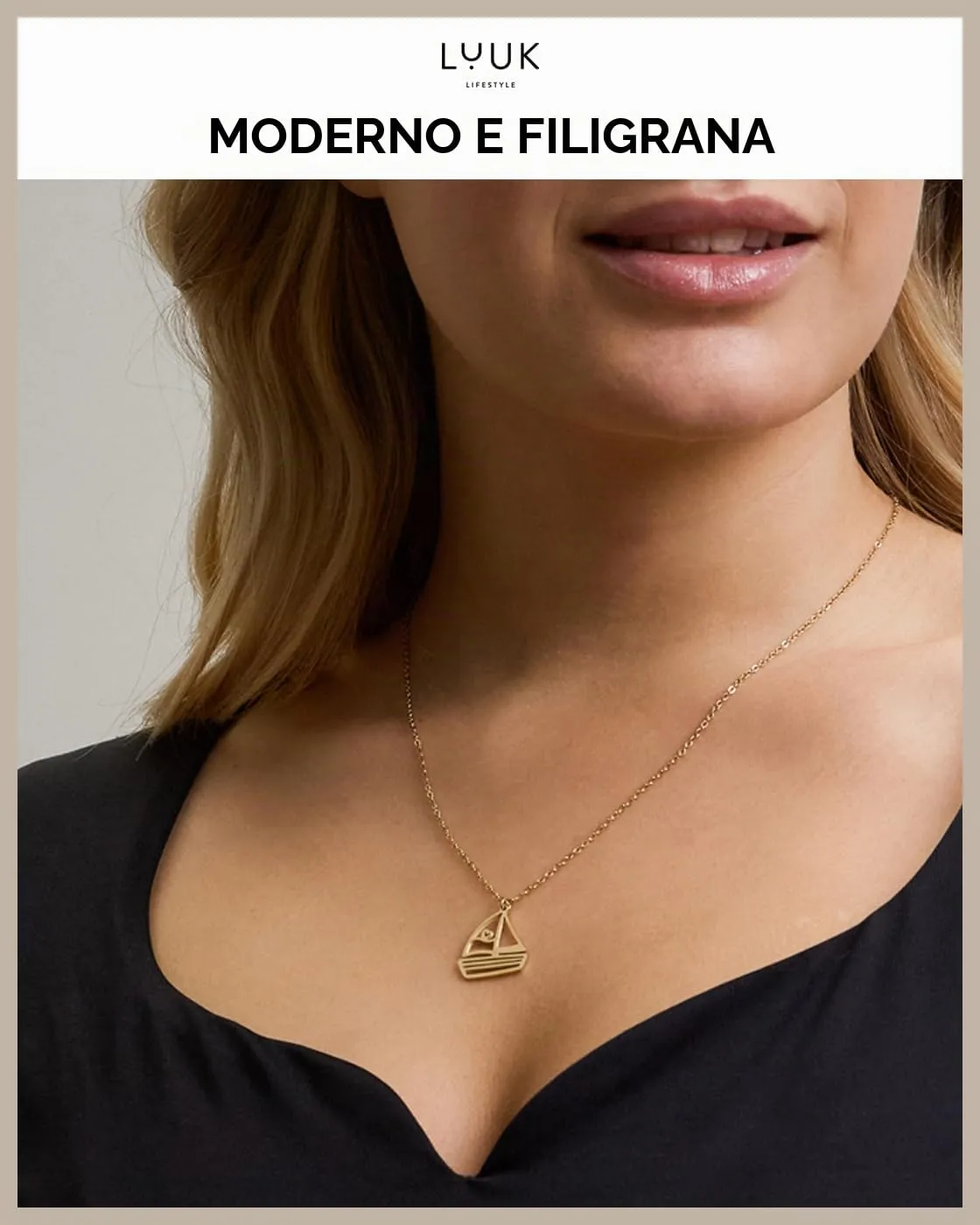 LUUK LIFESTYLE Collana con Ciondolo Barca a Vela, Oro, 50cm - immagine 3
