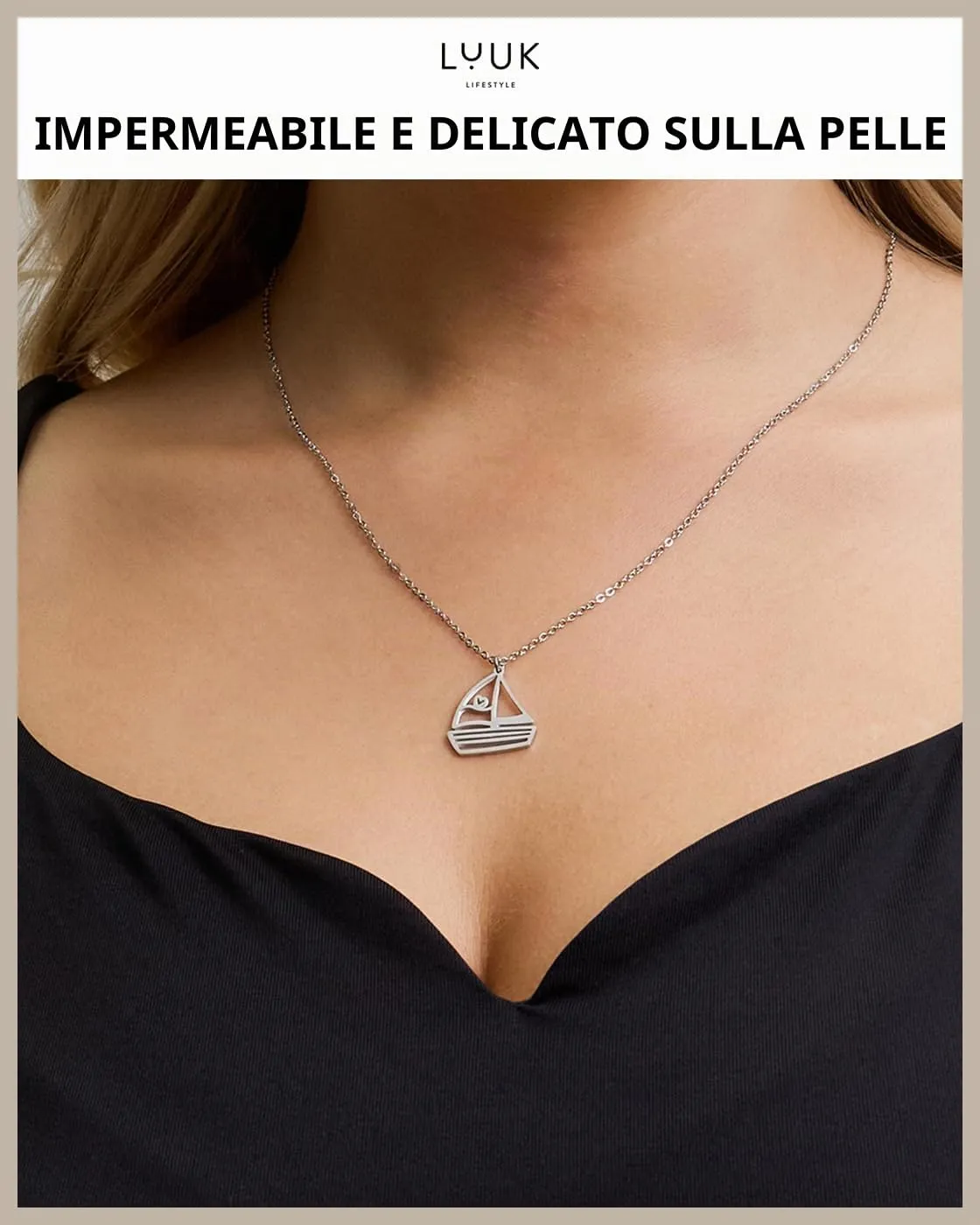 LUUK LIFESTYLE Collana con Ciondolo Barca a Vela, Argento, 50cm - immagine 2