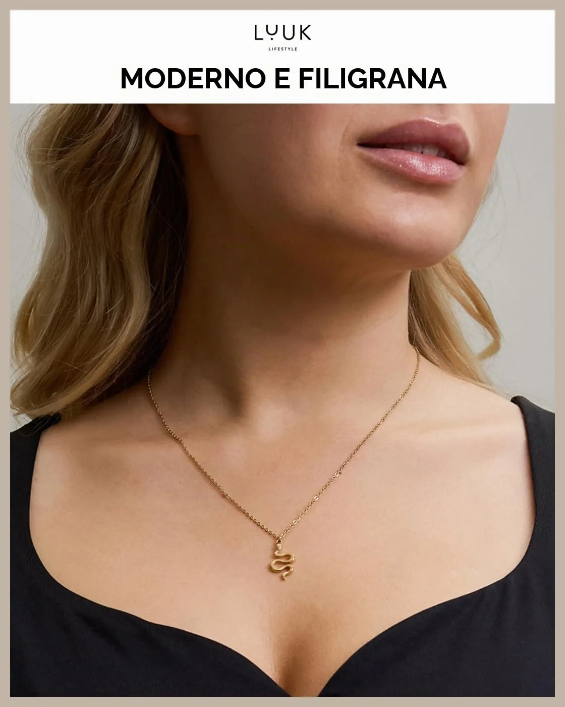 LUUK LIFESTYLE Collana Acciaio Inox con Ciondolo Serpente, Oro, 50cm - immagine 3
