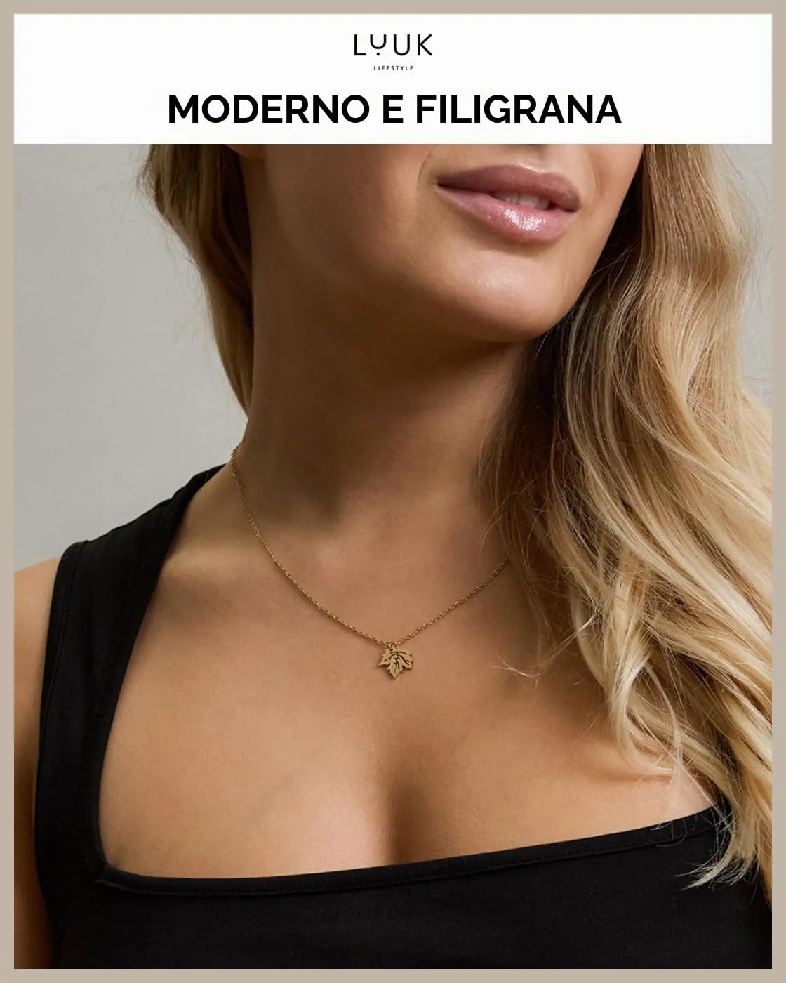 LUUK LIFESTYLE Collana Acciaio Inox con Ciondolo Foglia d'Acero, Oro, 50cm - immagine 3