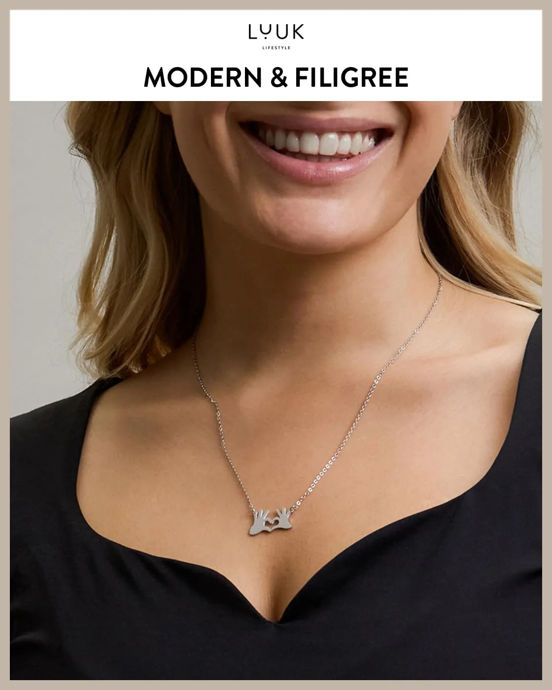 LUUK LIFESTYLE Collana con Ciondolo Mani a Cuore, Argento, 50cm - immagine 3