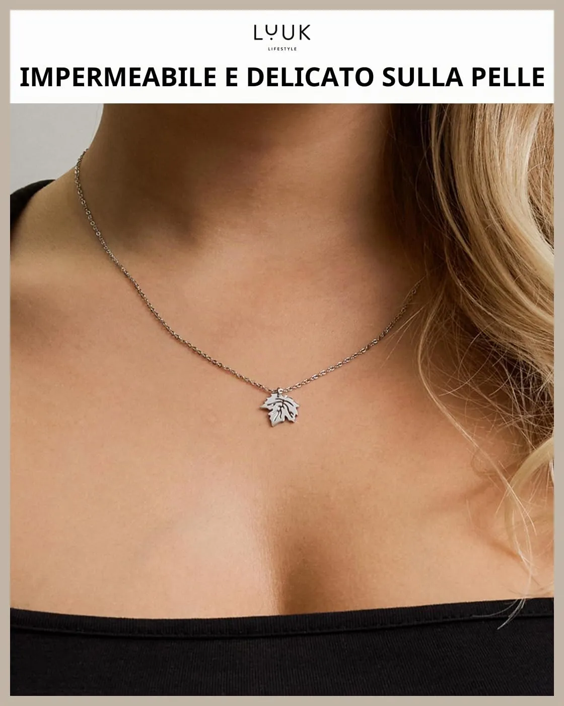 LUUK LIFESTYLE Collana con Ciondolo Foglia d'Acero, Argento, 50cm - immagine 2
