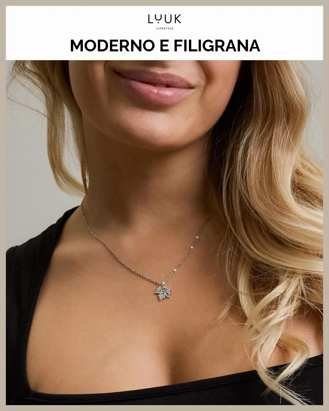 LUUK LIFESTYLE Collana con Ciondolo Foglia d'Acero, Argento, 50cm - immagine 3