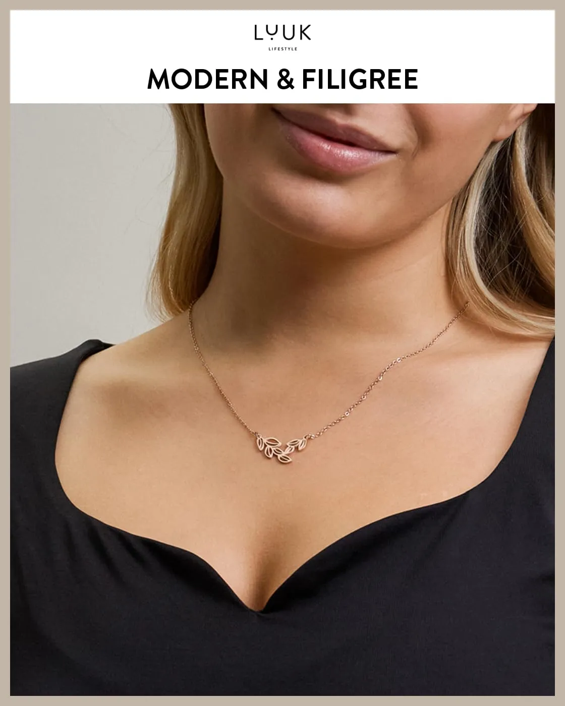 LUUK LIFESTYLE Collana con Ciondolo Ramo d'Ulivo, Oro Rosa, 50cm - immagine 3