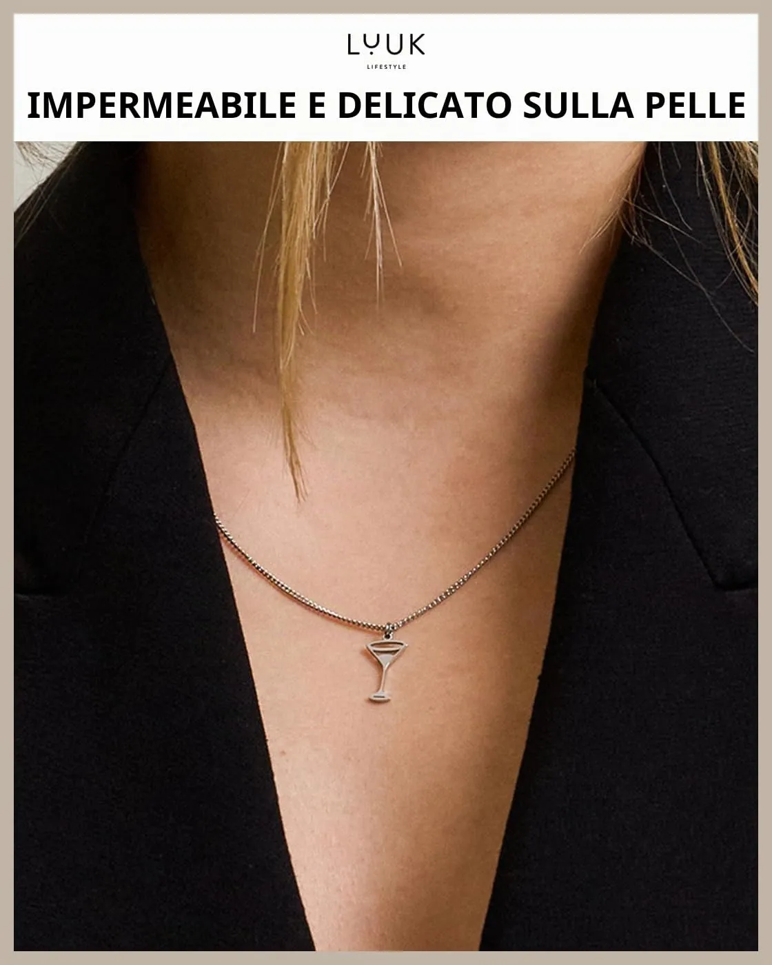 LUUK LIFESTYLE Collana Acciaio Inox con Ciondolo Coppetta, Argento, 50cm - immagine 2