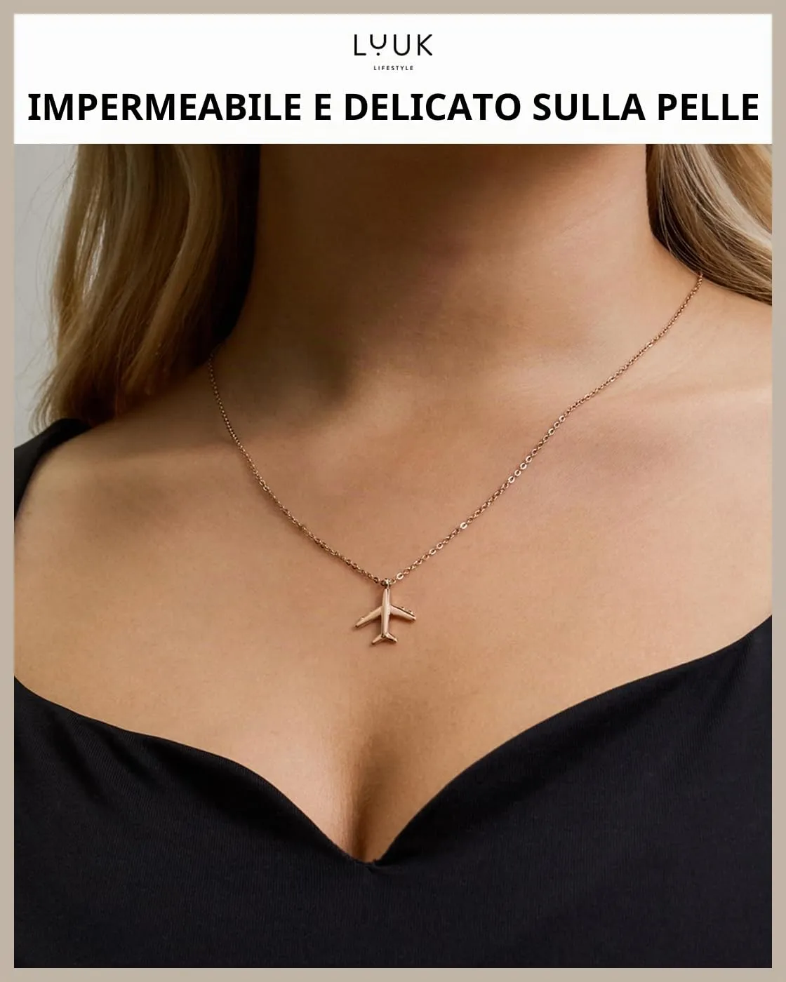 LUUK LIFESTYLE Collana con Ciondolo Aereo, Oro Rosa, 50cm - immagine 2