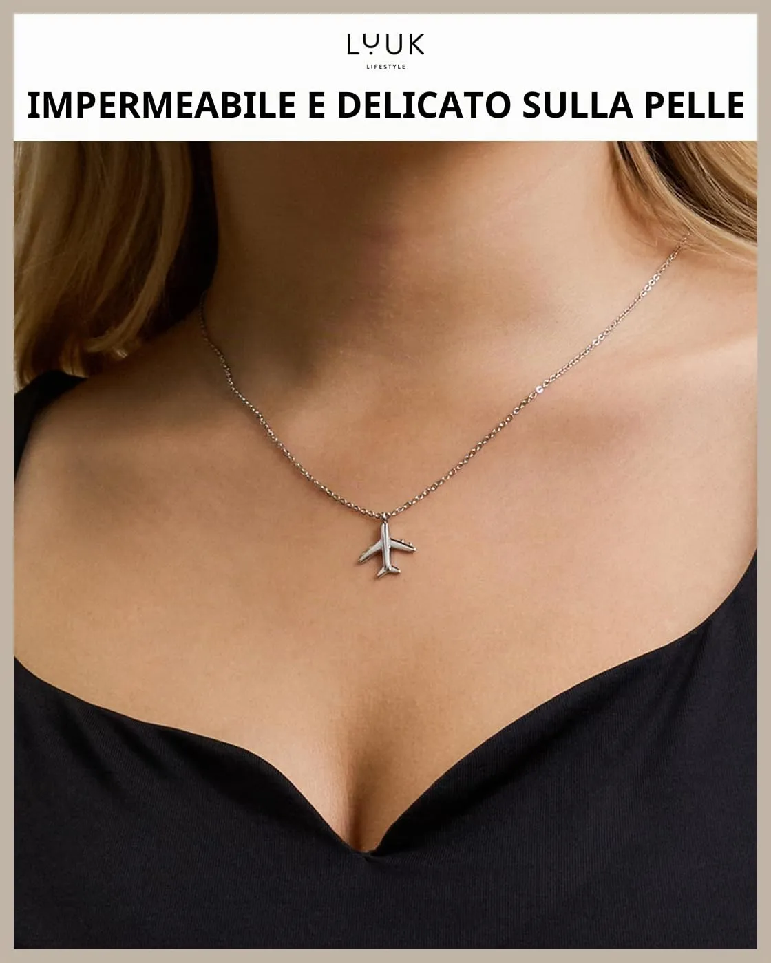 LUUK LIFESTYLE Collana con Ciondolo Aereo, Argento, 50cm - immagine 2
