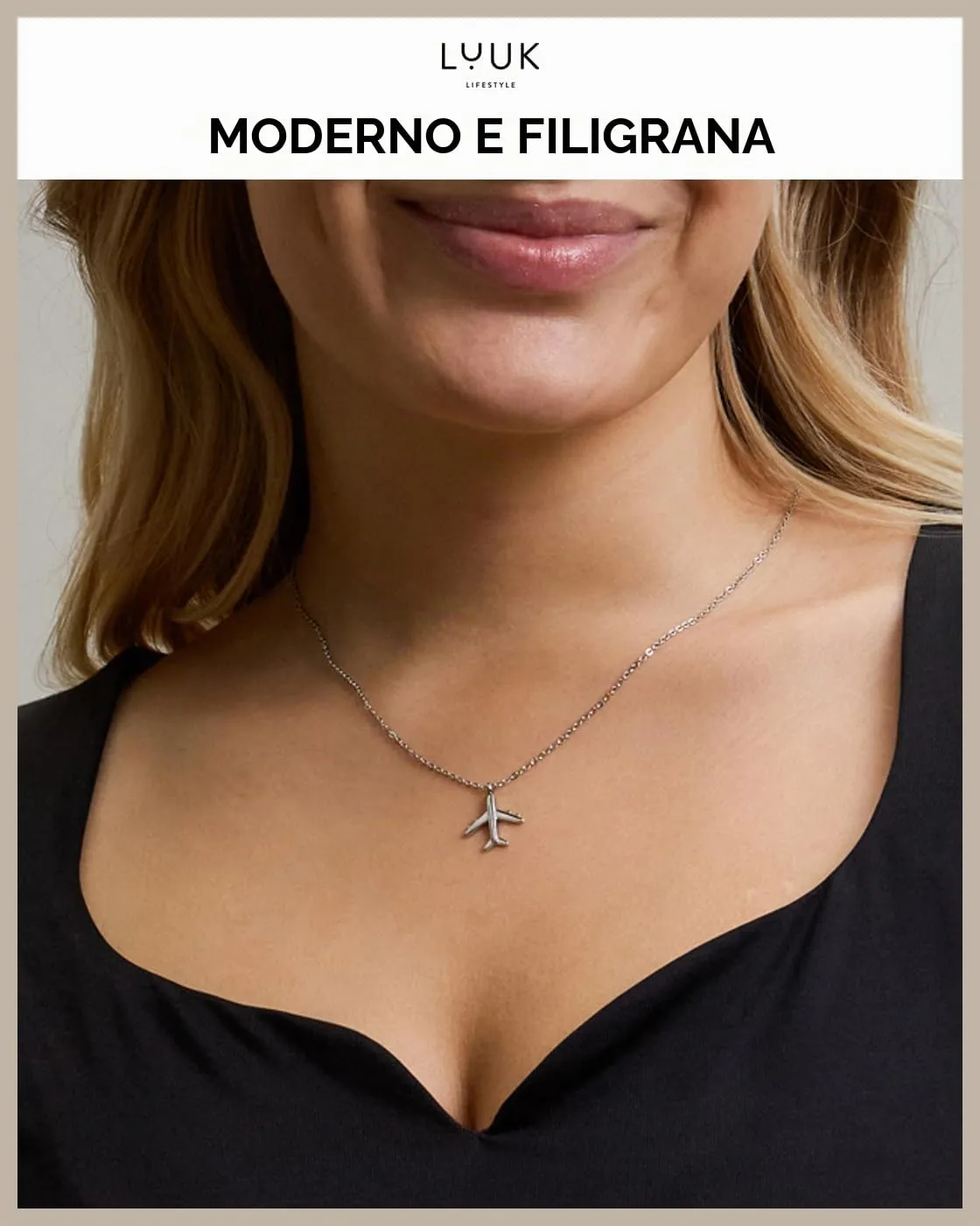 LUUK LIFESTYLE Collana con Ciondolo Aereo, Argento, 50cm - immagine 3