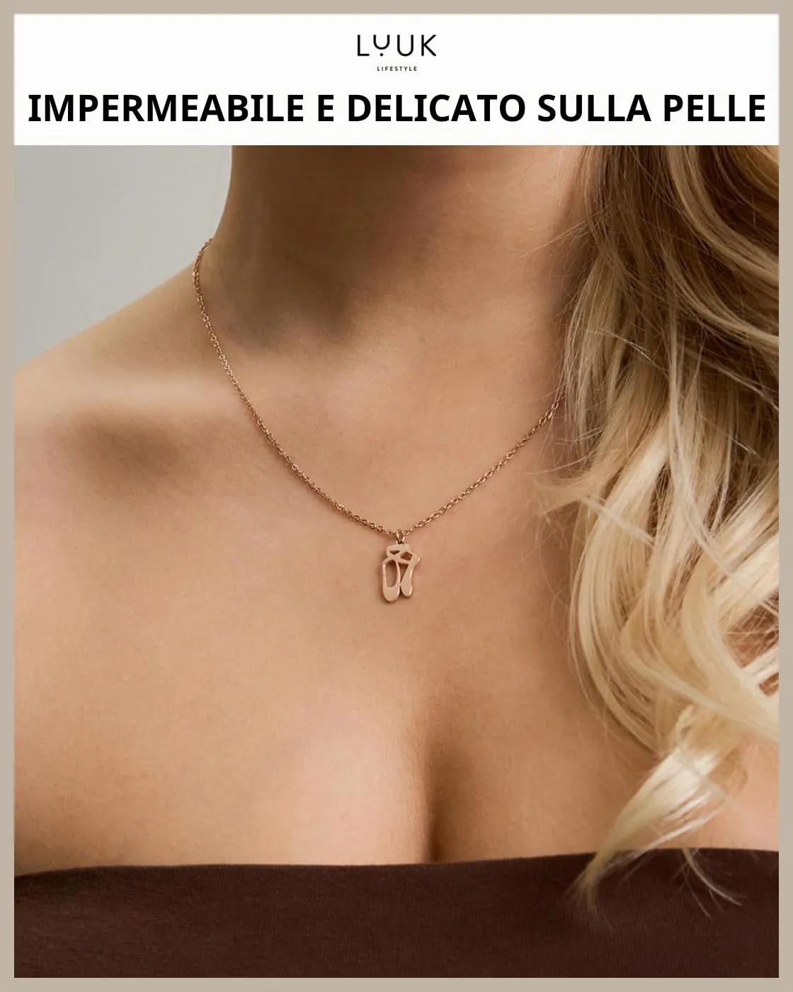 LUUK LIFESTYLE Collana con Ciondolo Scarpe da Balletto, Oro Rosa, 50cm - immagine 2