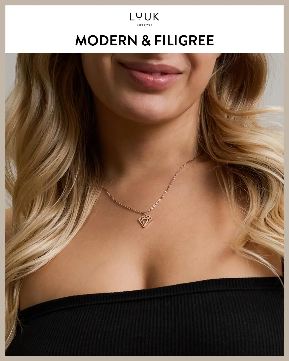 LUUK LIFESTYLE Collana con Ciondolo Diamante, Oro Rosa, 50cm - immagine 3