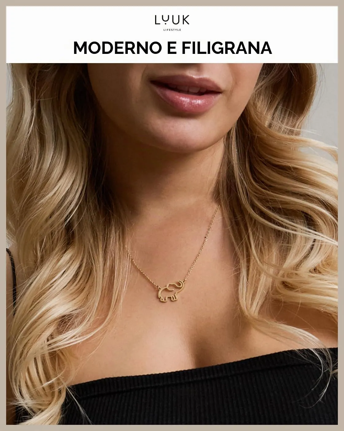 LUUK LIFESTYLE Collana Acciaio Inox con Ciondolo Elefante, Oro, 50cm - immagine 3