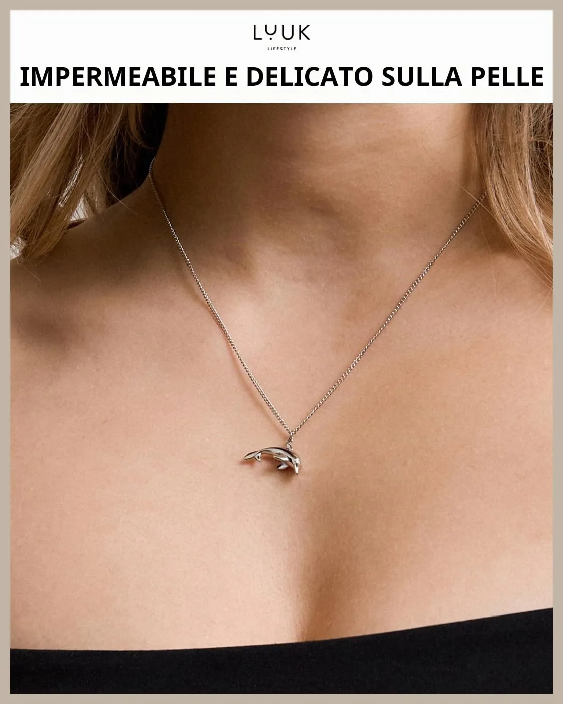 LUUK LIFESTYLE Collana Acciaio Inox con Ciondolo Delfino, Argento, 50cm - immagine 2