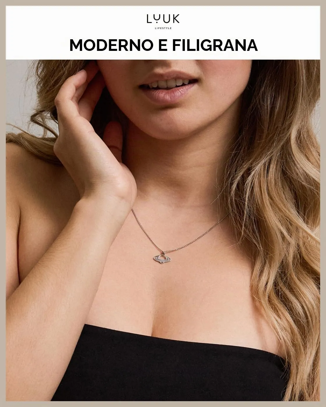 LUUK LIFESTYLE Collana con Ciondolo Saturno, Argento, 50cm - immagine 3