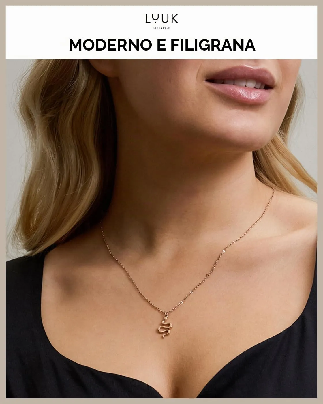 LUUK LIFESTYLE Collana Acciaio Inox con Ciondolo Serpente, Oro Rosa, 50cm - immagine 3