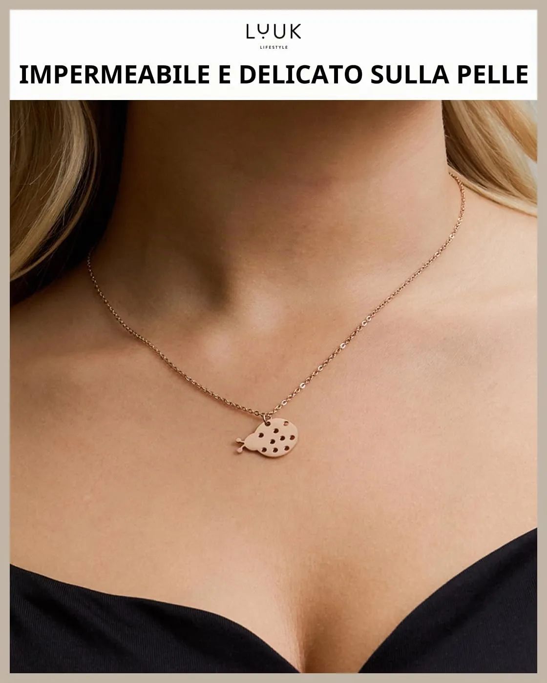 LUUK LIFESTYLE Collana Acciaio Inox con Ciondolo Coccinella, Oro Rosa, 50cm - immagine 2