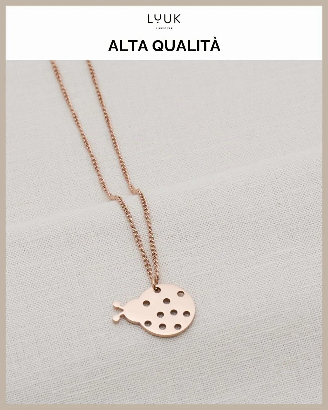 LUUK LIFESTYLE Collana Acciaio Inox con Ciondolo Coccinella, Oro Rosa, 50cm - immagine 4