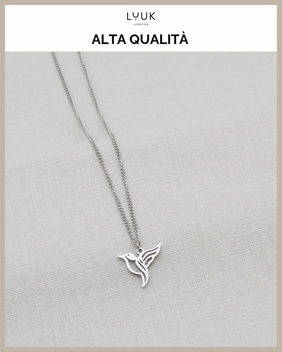 LUUK LIFESTYLE Collana Acciaio Inox con Ciondolo Colibrì, Argento, 50cm - immagine 4