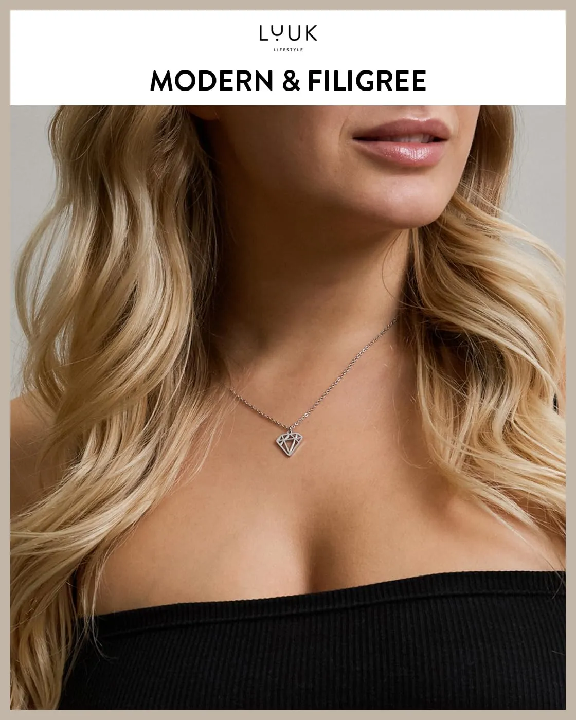 LUUK LIFESTYLE Collana con Ciondolo Diamante, Argento, 50cm - immagine 3