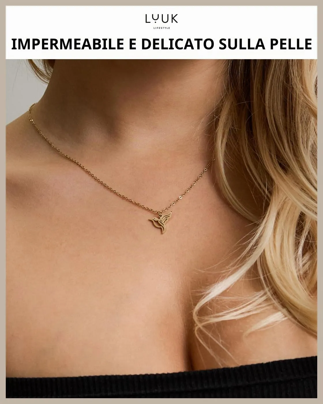 LUUK LIFESTYLE Collana Acciaio Inox con Ciondolo Colibrì, Oro, 50cm - immagine 2