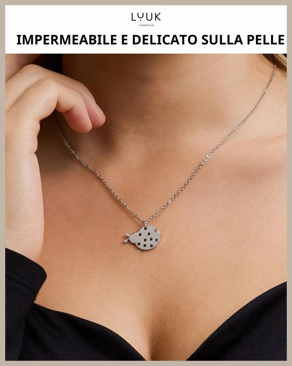 LUUK LIFESTYLE Collana Acciaio Inox con Ciondolo Coccinella, Argento, 50cm - immagine 2