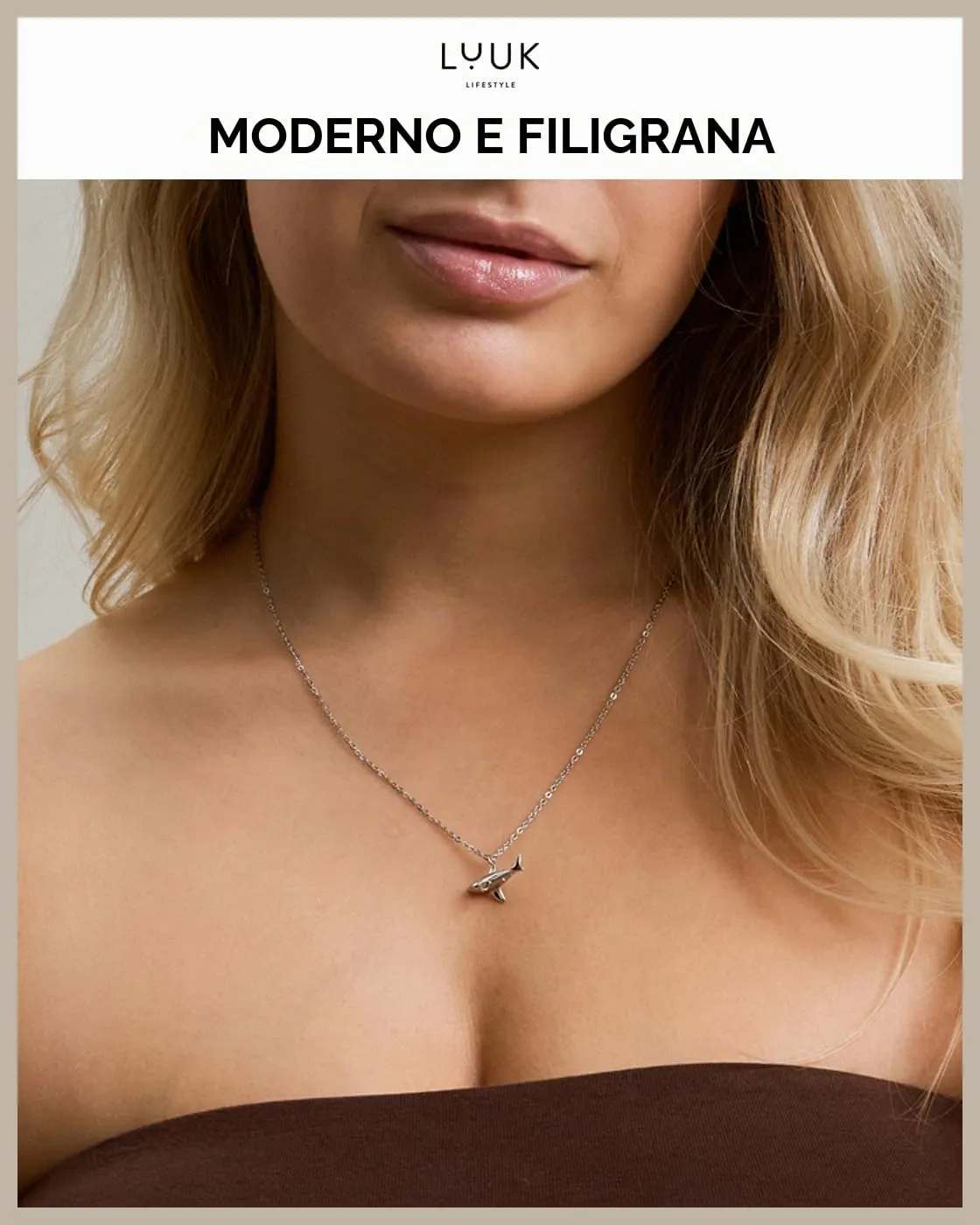 LUUK LIFESTYLE Collana Acciaio Inox con Ciondolo Squalo, Argento, 50cm - immagine 3