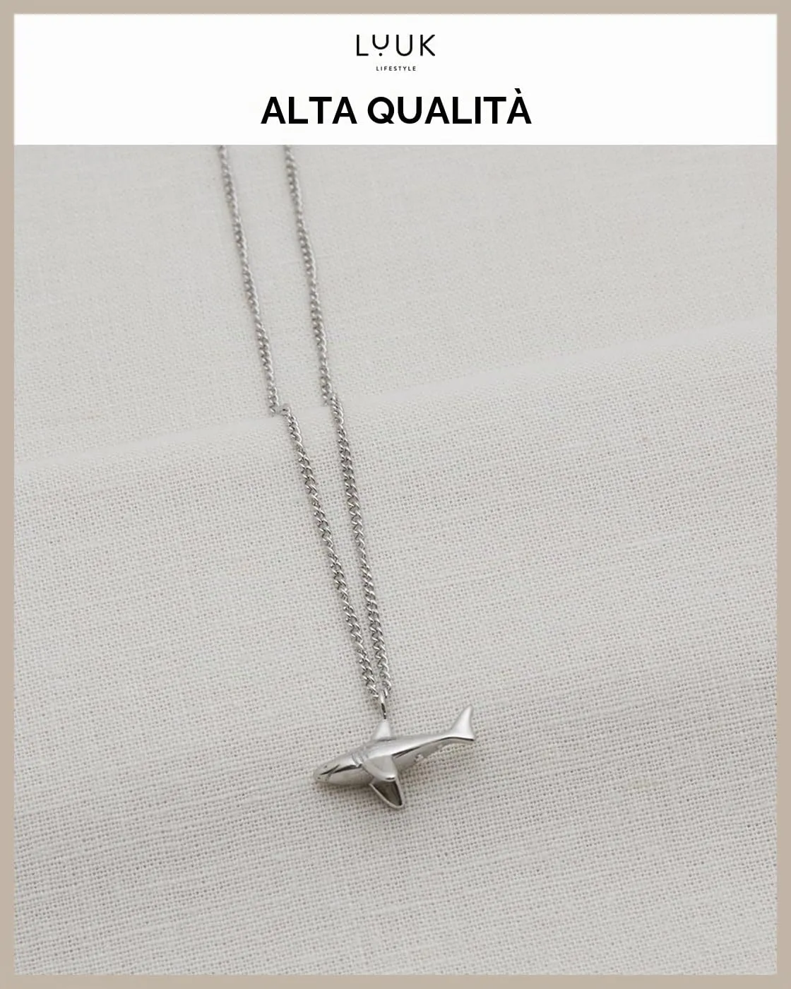 LUUK LIFESTYLE Collana Acciaio Inox con Ciondolo Squalo, Argento, 50cm - immagine 4