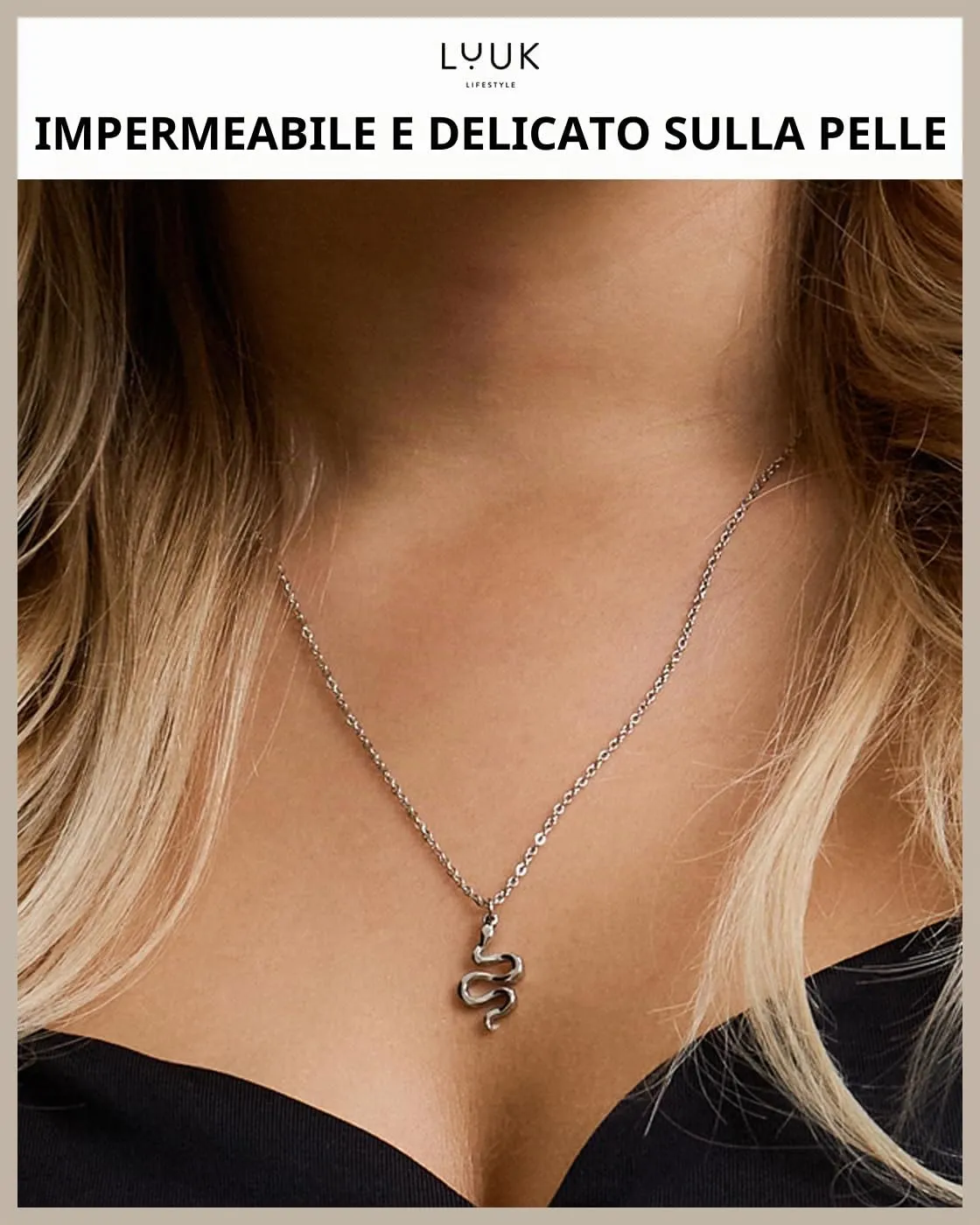 LUUK LIFESTYLE Collana Acciaio Inox con Ciondolo Serpente, Argento, 50cm - immagine 2