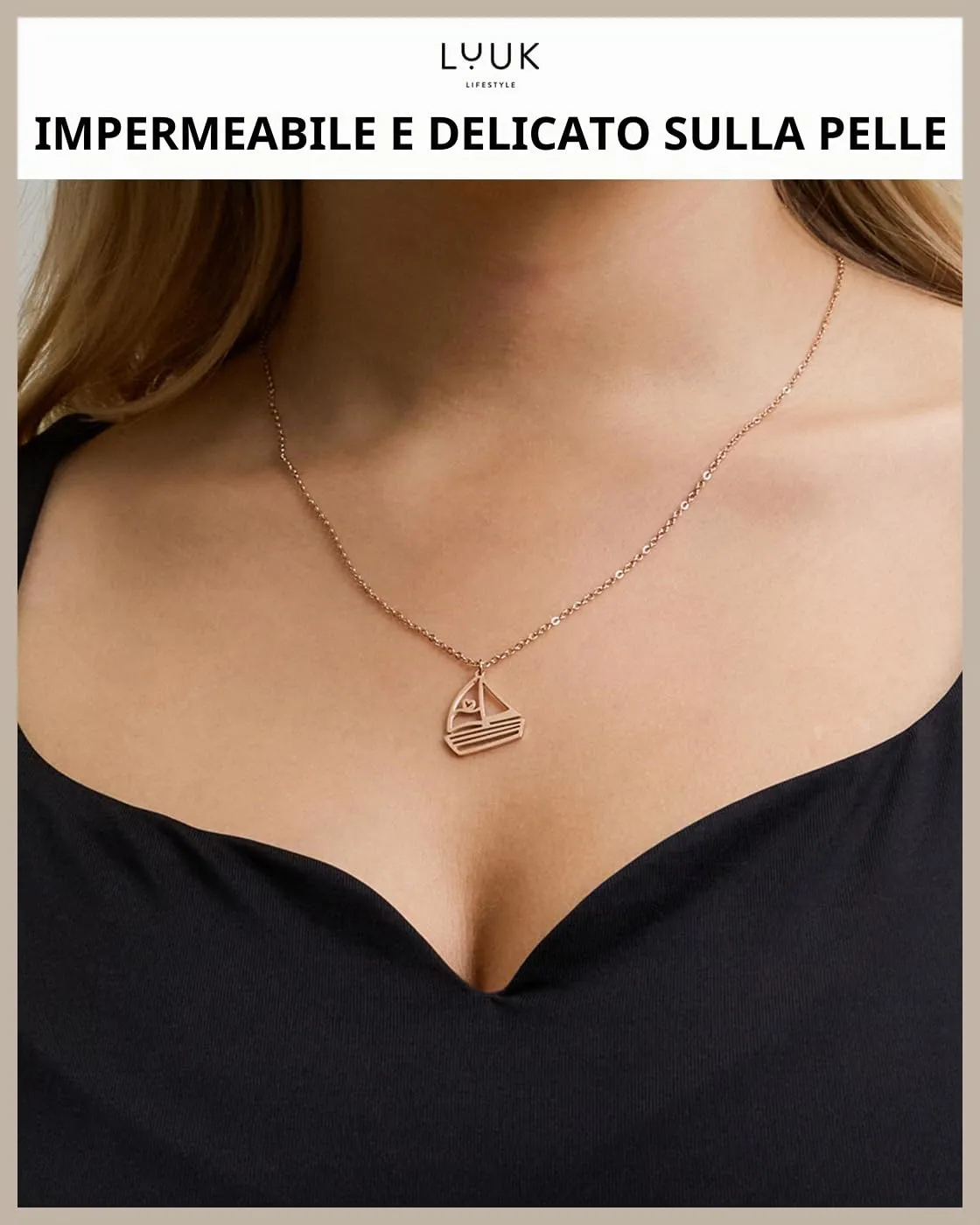 LUUK LIFESTYLE Collana con Ciondolo Barca a Vela, Oro Rosa, 50cm - immagine 2