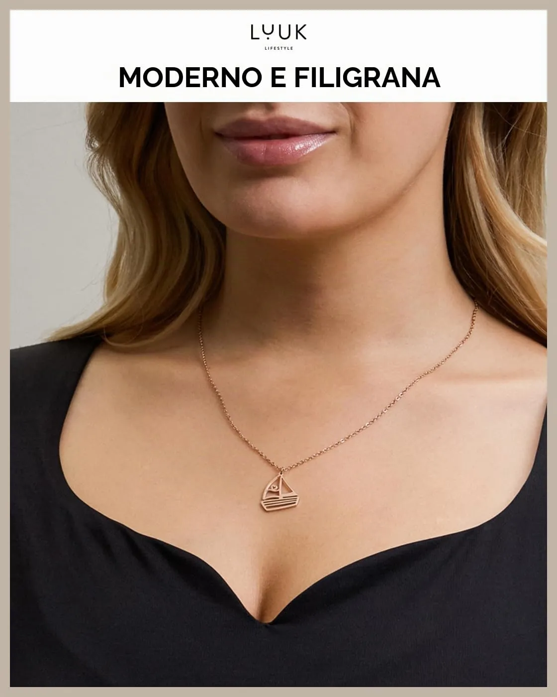 LUUK LIFESTYLE Collana con Ciondolo Barca a Vela, Oro Rosa, 50cm - immagine 3