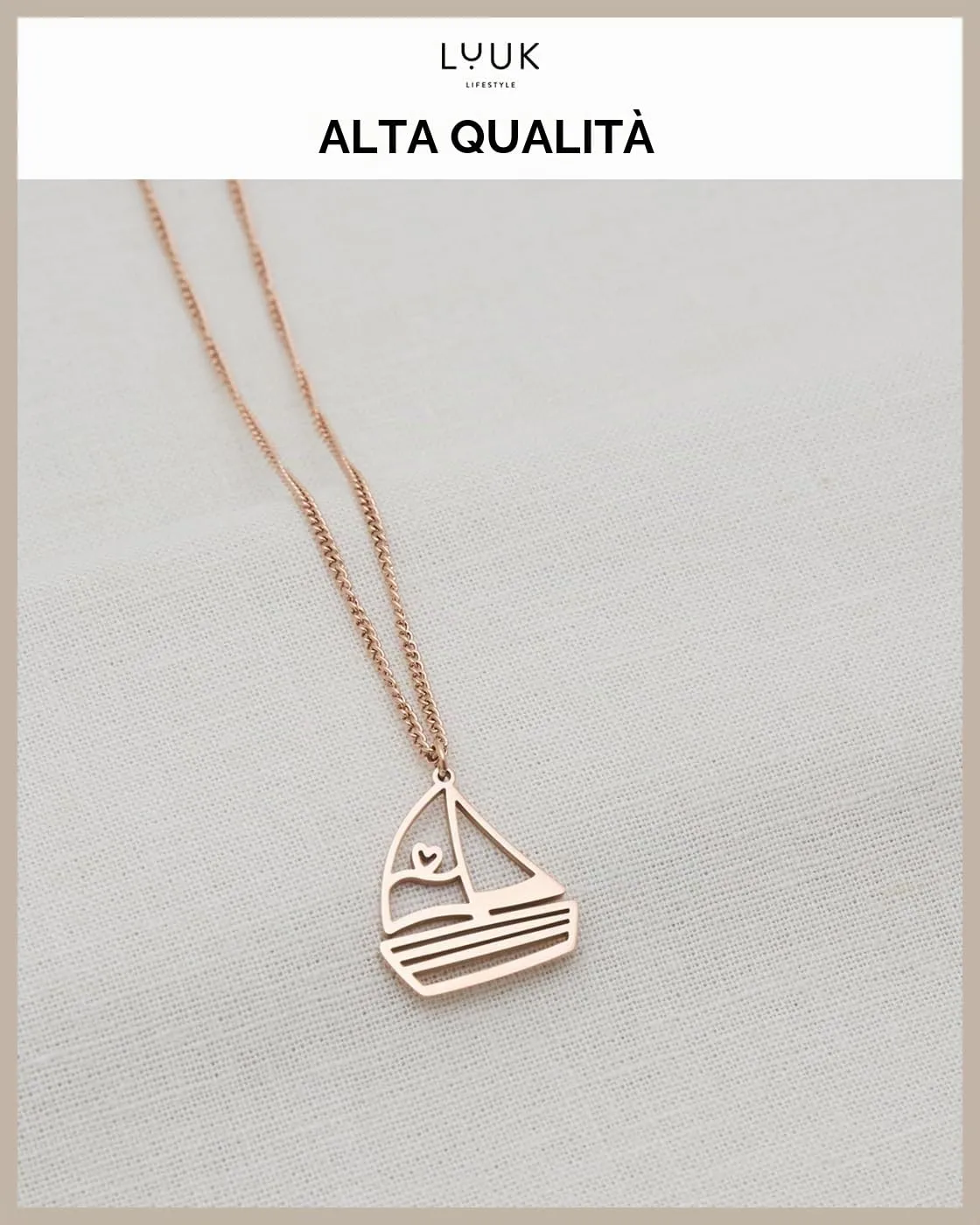 LUUK LIFESTYLE Collana con Ciondolo Barca a Vela, Oro Rosa, 50cm - immagine 4