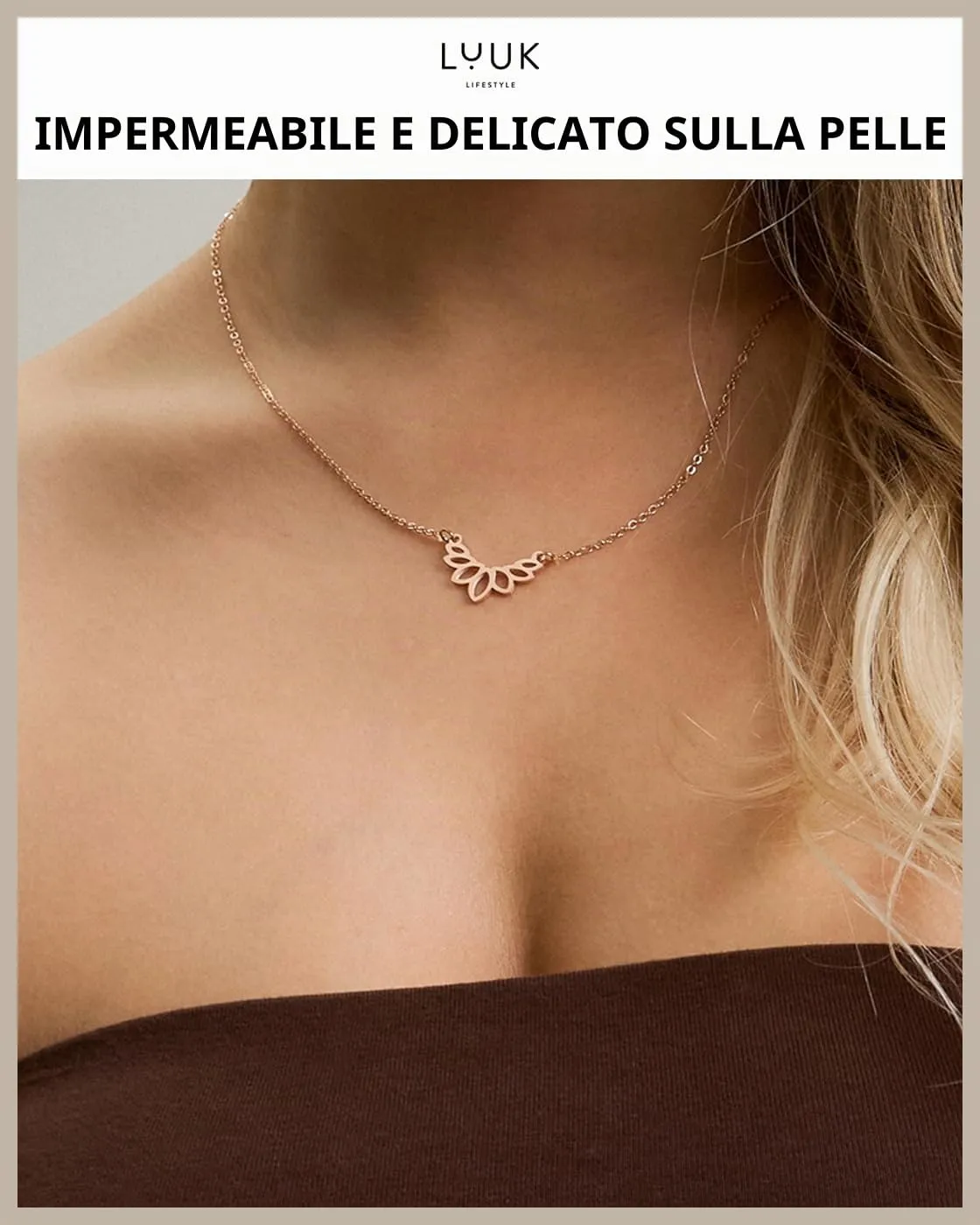 LUUK LIFESTYLE Collana con Ciondolo Fiore di Loto, Oro Rosa, 50cm - immagine 2