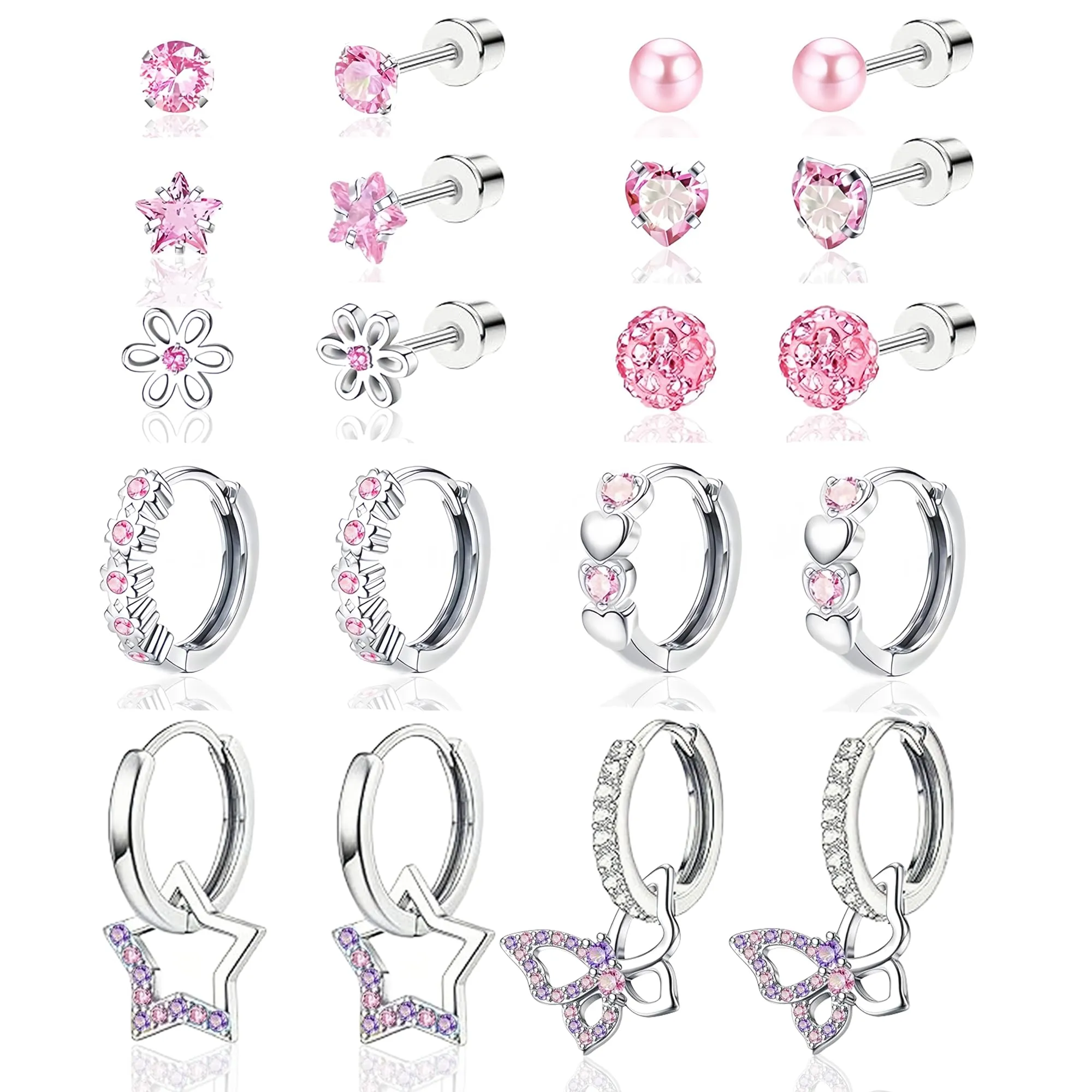 LOFITOR 10 Paia Orecchini a Vite Ipoallergenici, Acciaio Chirurgico, Piccoli Huggie, Pendenti CZ Stella Farfalla, Set Stud a Vite per Orecchie Sensibili Donne Ragazze Rosa - immagine 1