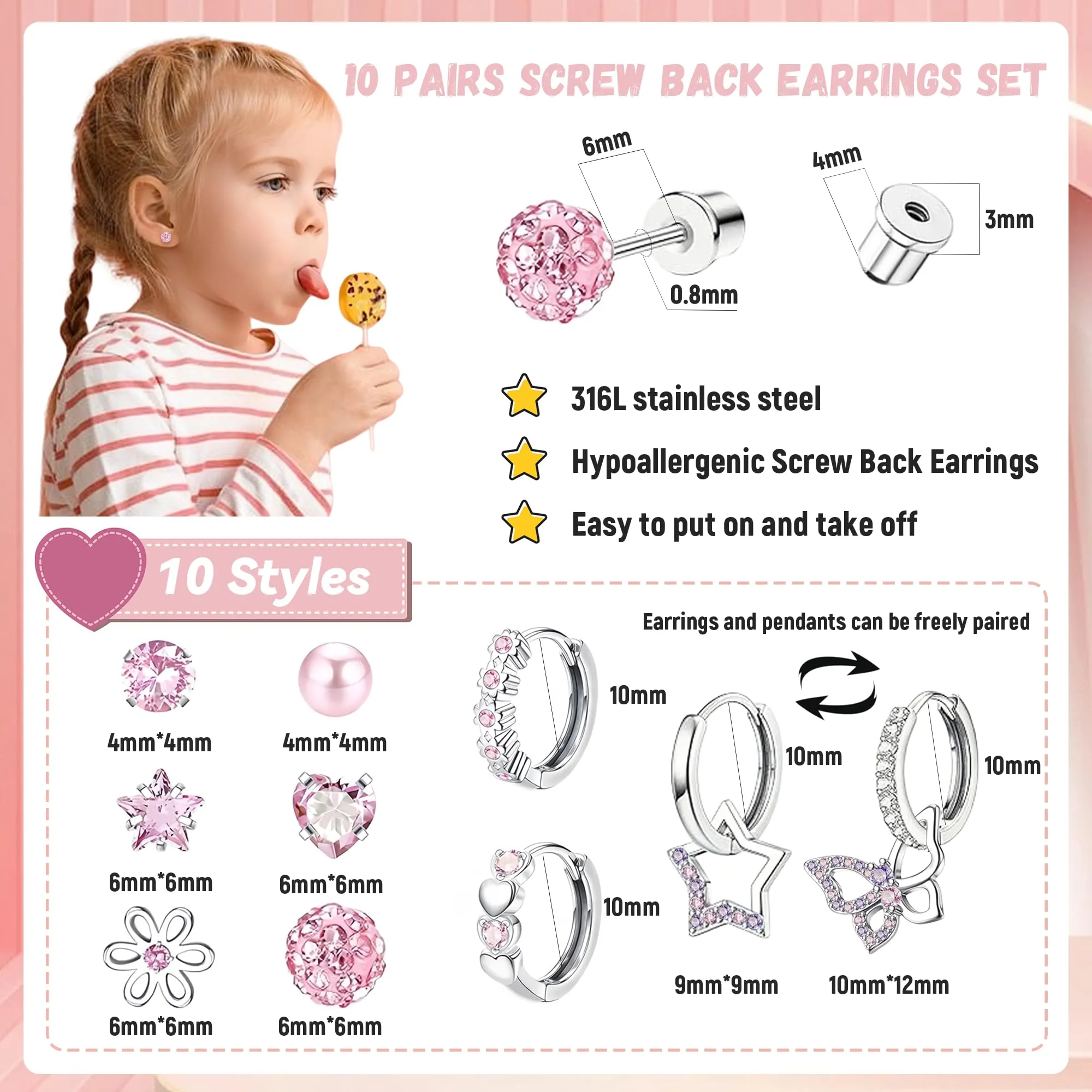 LOFITOR 10 Paia Orecchini a Vite Ipoallergenici, Acciaio Chirurgico, Piccoli Huggie, Pendenti CZ Stella Farfalla, Set Stud a Vite per Orecchie Sensibili Donne Ragazze Rosa - immagine 3