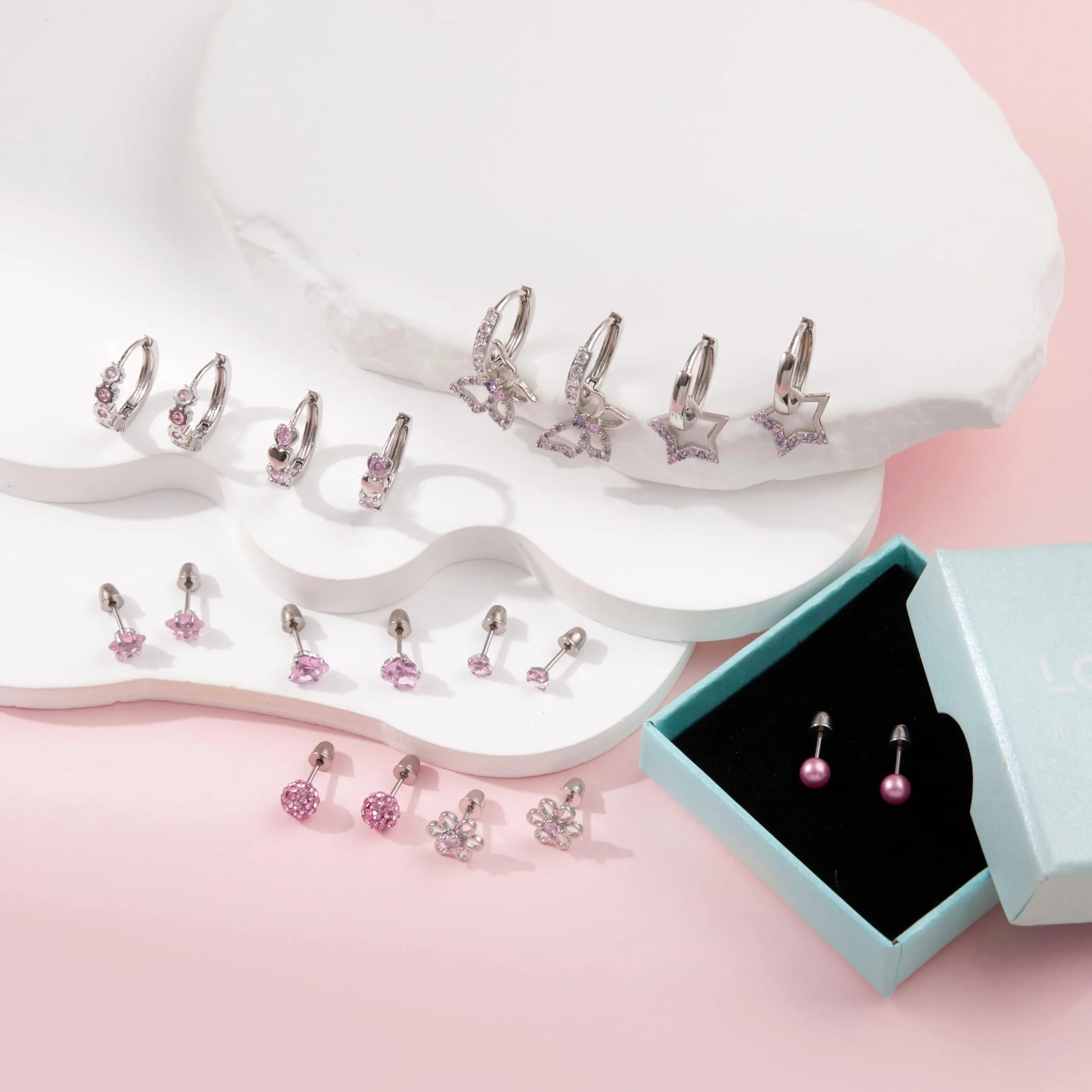 LOFITOR 10 Paia Orecchini a Vite Ipoallergenici, Acciaio Chirurgico, Piccoli Huggie, Pendenti CZ Stella Farfalla, Set Stud a Vite per Orecchie Sensibili Donne Ragazze Rosa - immagine 6