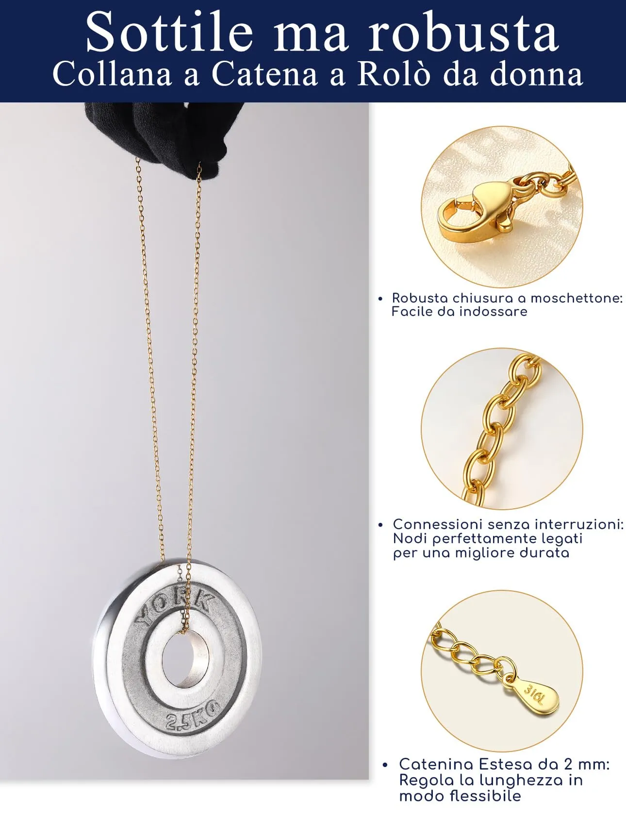 Suplight Collana Donna Oro Rosa Rolò a Catenina Sottile 2,5mm in Acciaio Inossidabile Catenina Oro Rosa Donna Lunghezza 66cm Catena per Ciondolo Impermeabile Confezione Regalo - immagine 4