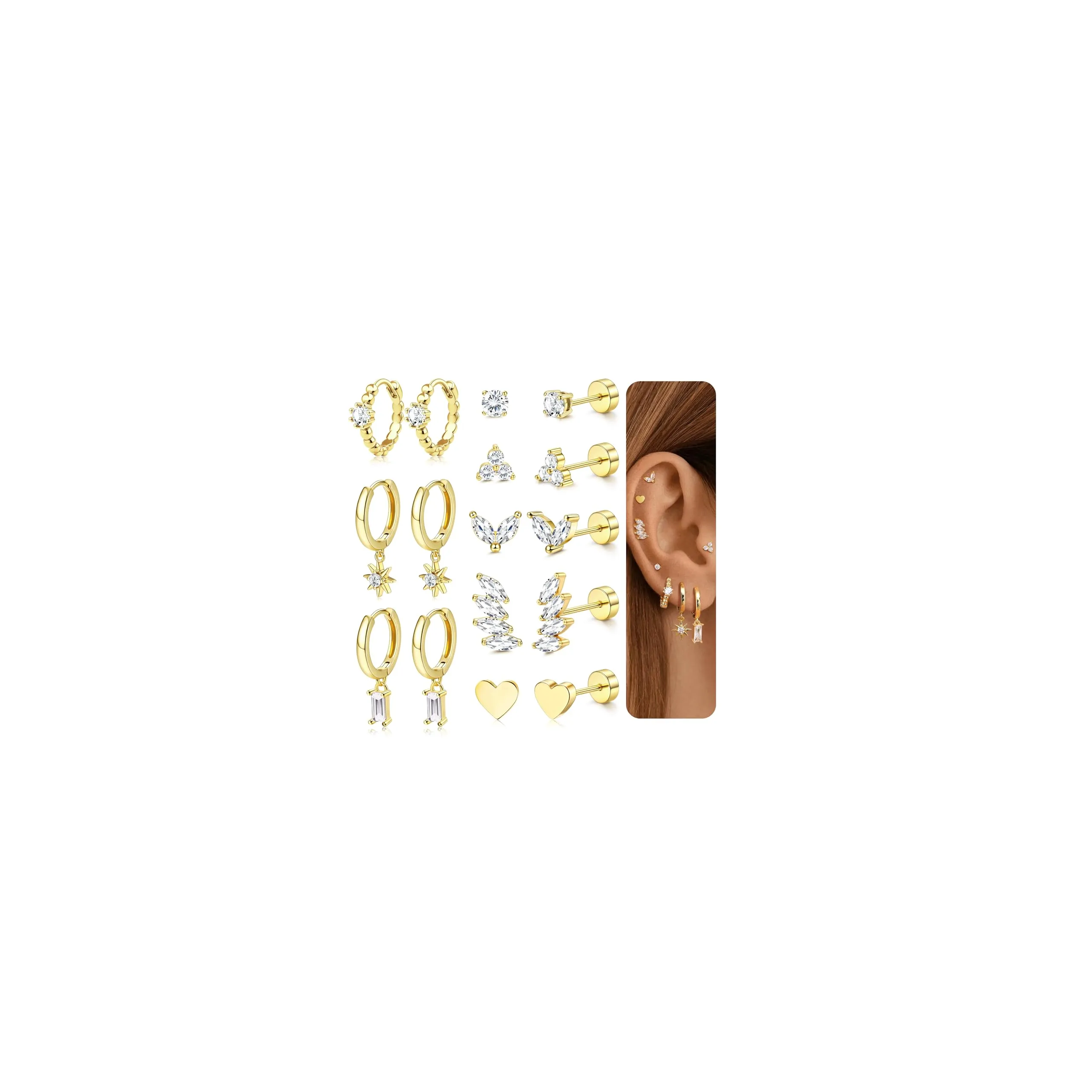 Roheafer 8 Paia di Orecchini da Donna in Acciaio Inossidabile, con Placcatura in Oro 14 Carati, Set per Helix, Tragus, Cartilagine, Mini Orecchini a Cerchio per Piercing Multipli - immagine 1