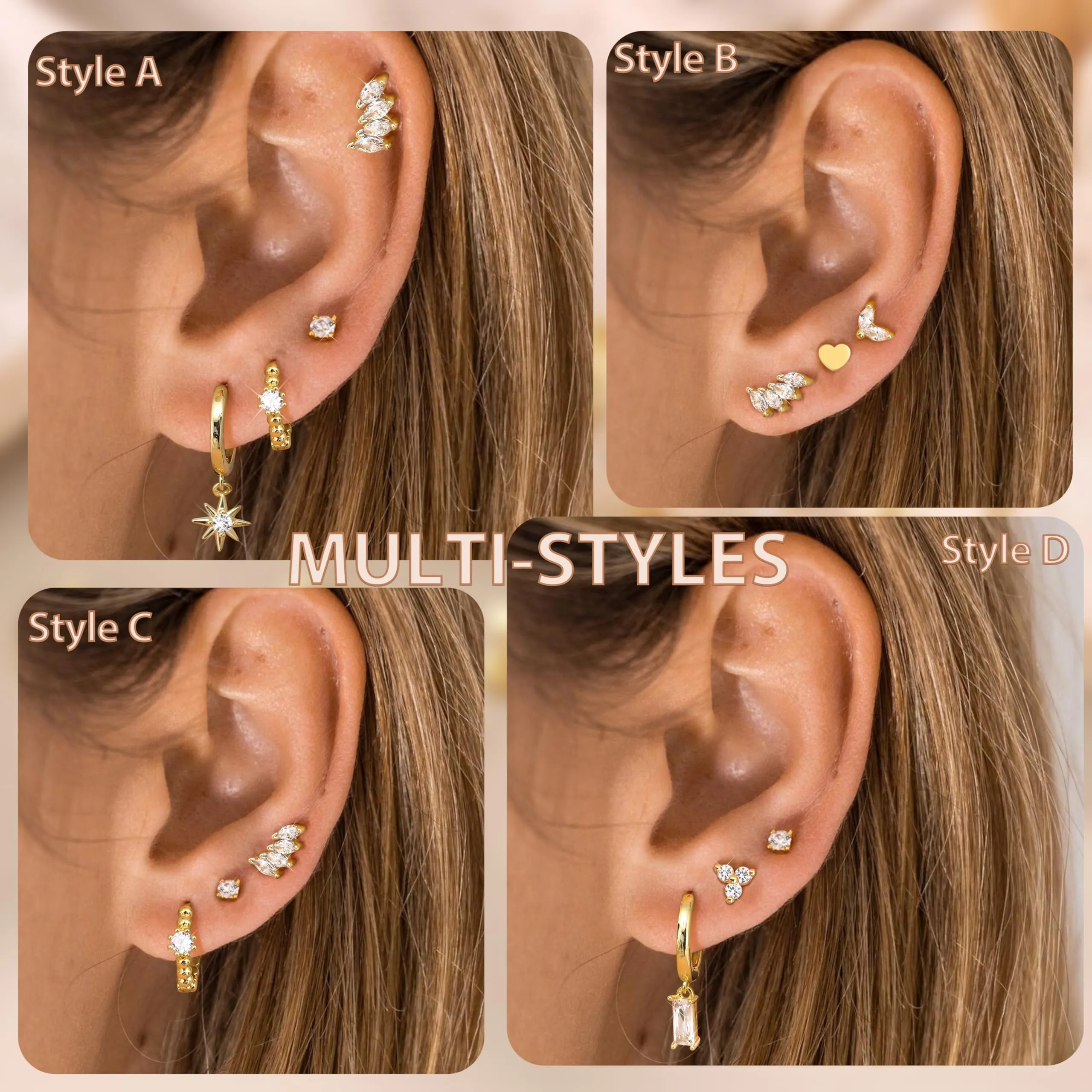 Roheafer 8 Paia di Orecchini da Donna in Acciaio Inossidabile, con Placcatura in Oro 14 Carati, Set per Helix, Tragus, Cartilagine, Mini Orecchini a Cerchio per Piercing Multipli - immagine 2