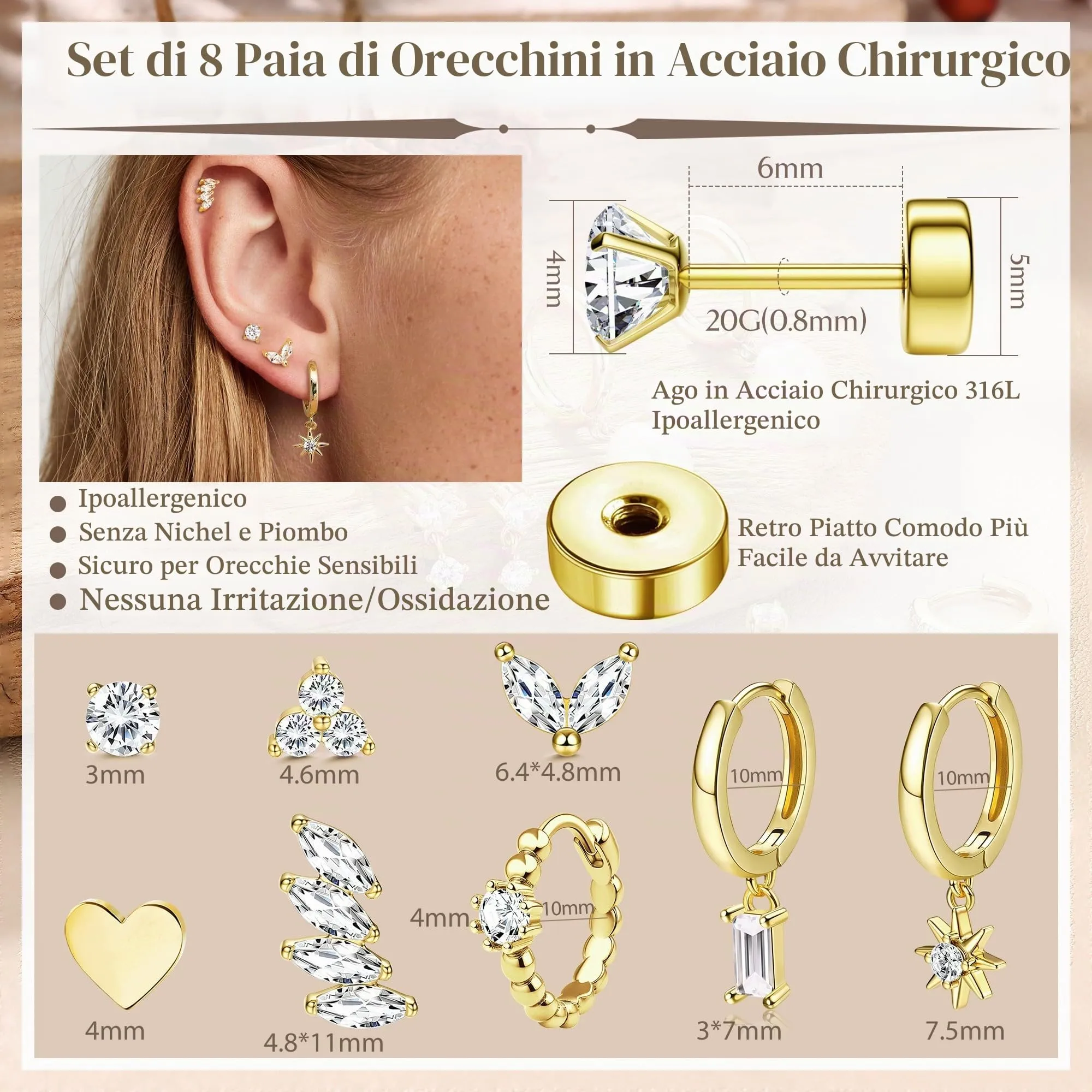 Roheafer 8 Paia di Orecchini da Donna in Acciaio Inossidabile, con Placcatura in Oro 14 Carati, Set per Helix, Tragus, Cartilagine, Mini Orecchini a Cerchio per Piercing Multipli - immagine 4