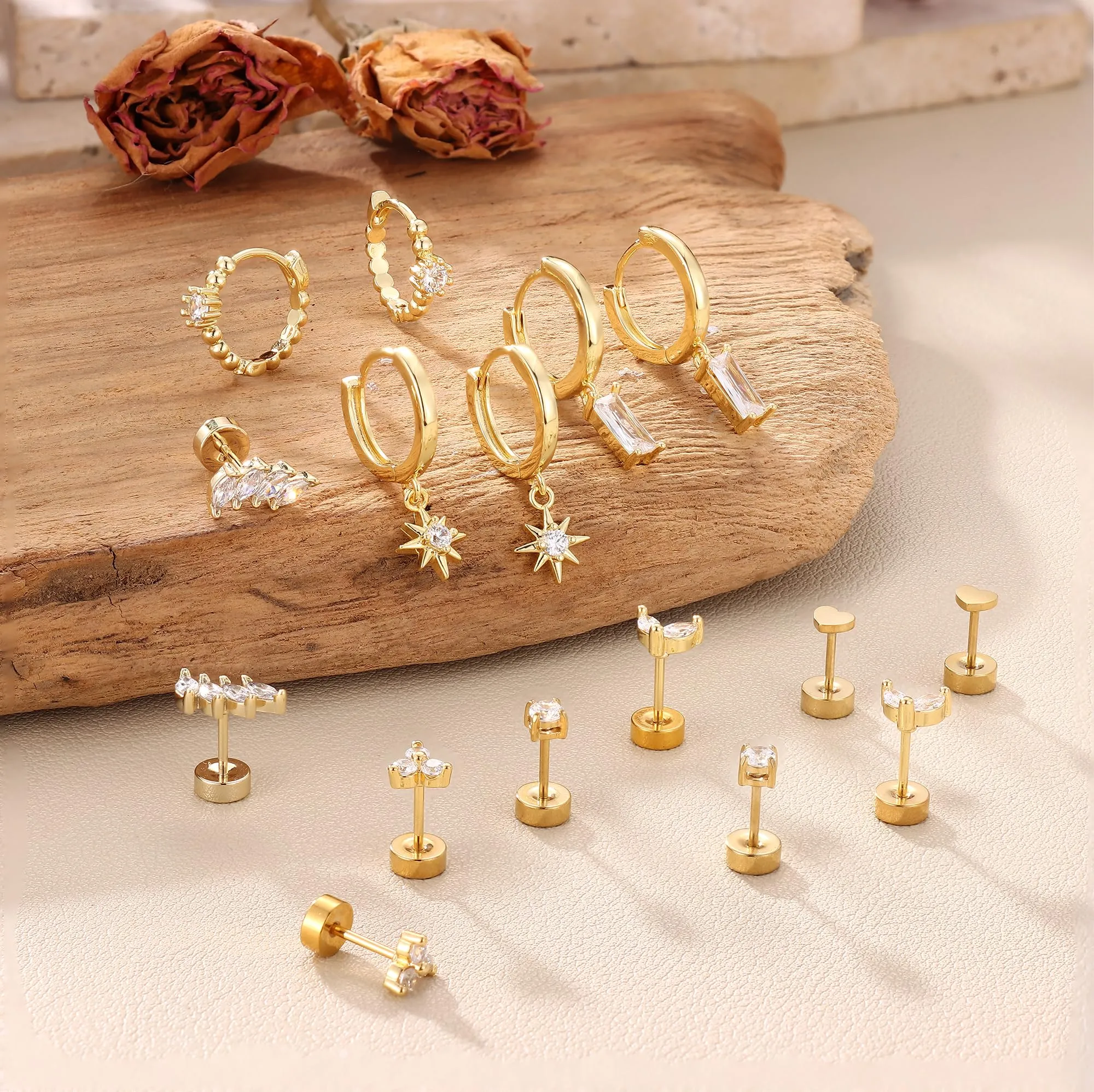 Roheafer 8 Paia di Orecchini da Donna in Acciaio Inossidabile, con Placcatura in Oro 14 Carati, Set per Helix, Tragus, Cartilagine, Mini Orecchini a Cerchio per Piercing Multipli - immagine 5