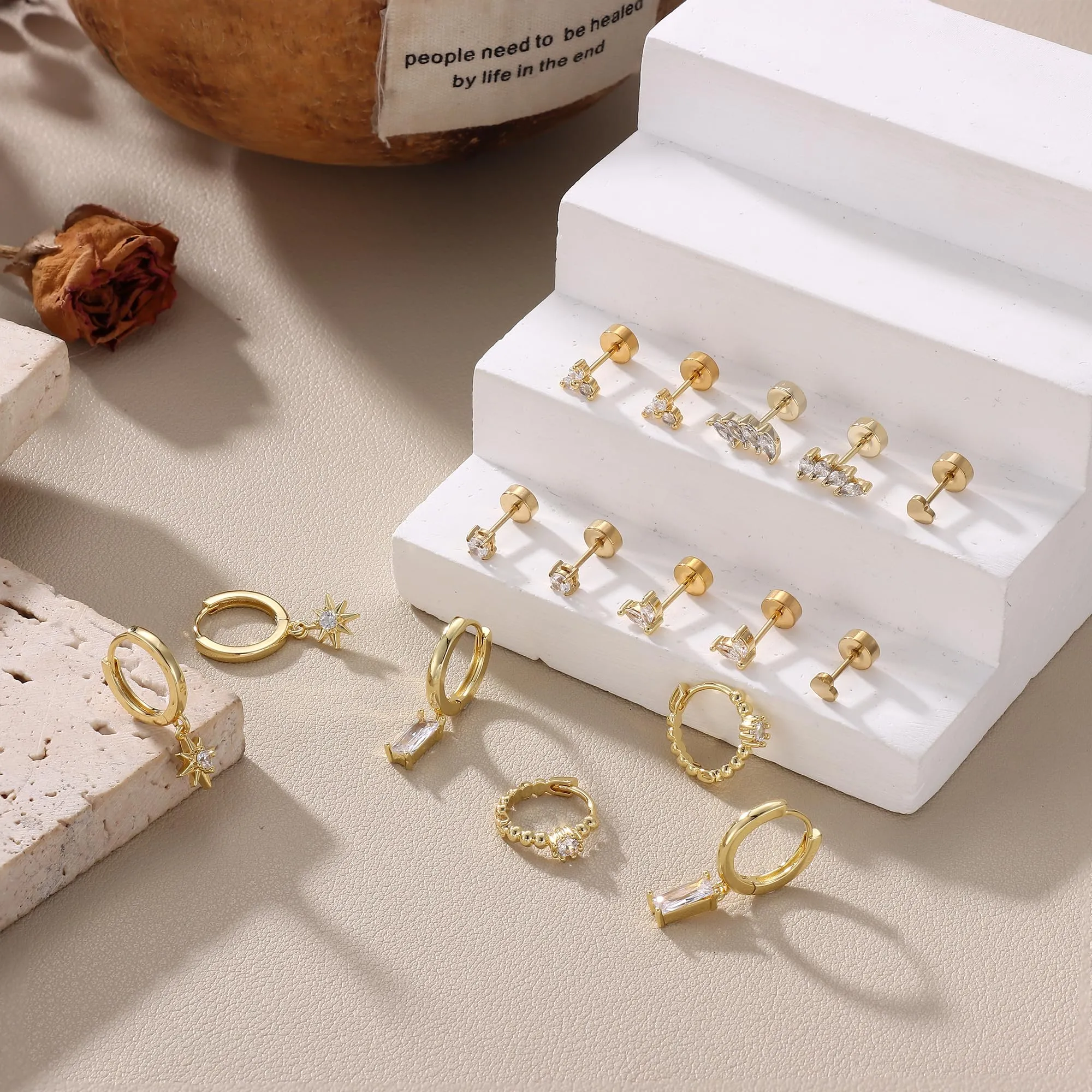 Roheafer 8 Paia di Orecchini da Donna in Acciaio Inossidabile, con Placcatura in Oro 14 Carati, Set per Helix, Tragus, Cartilagine, Mini Orecchini a Cerchio per Piercing Multipli - immagine 6