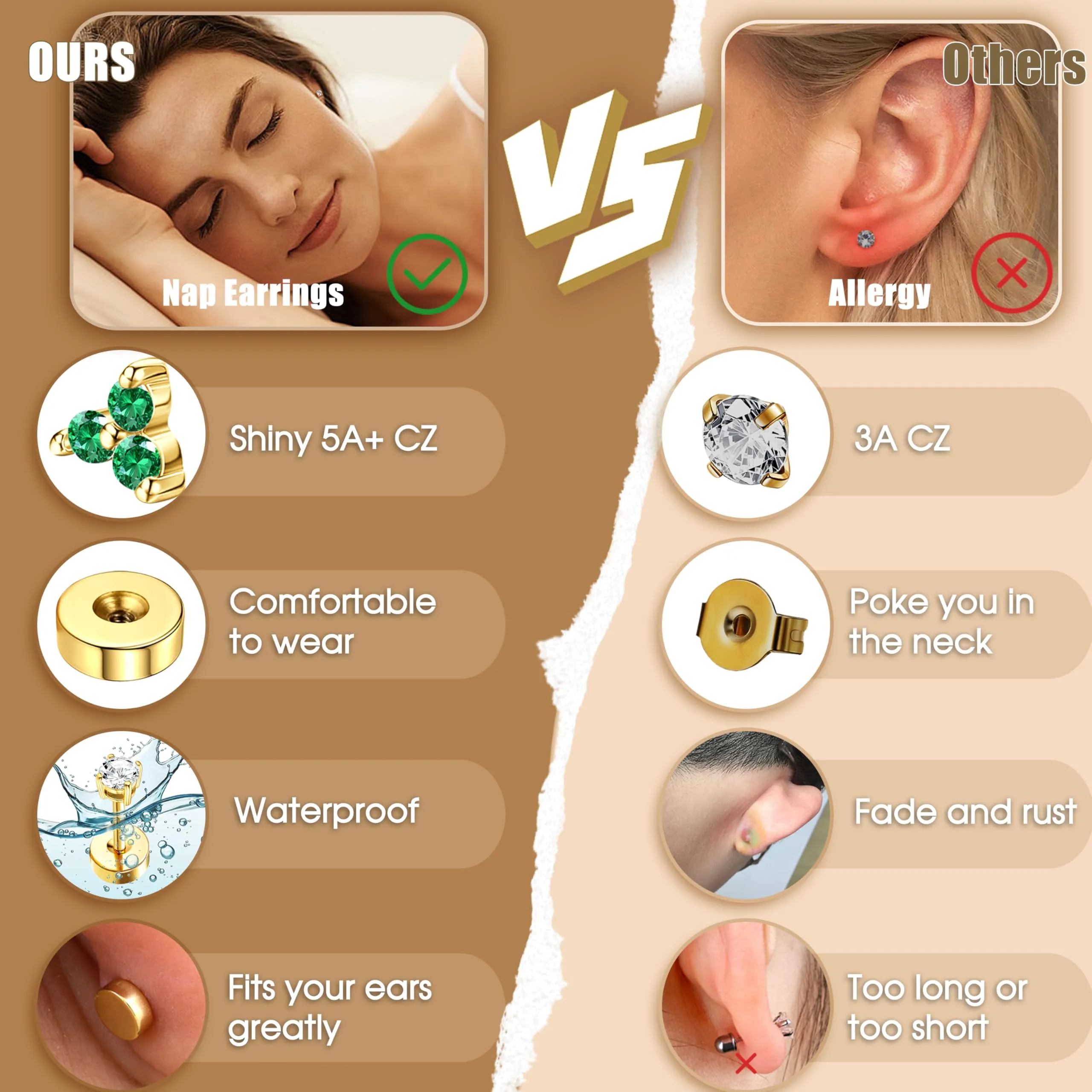 Roheafer 8 Paia di Orecchini da Donna in Acciaio Inossidabile, con Placcatura in Oro 14 Carati, Set per Helix, Tragus, Cartilagine, Mini Orecchini a Cerchio per Piercing Multipli - immagine 7