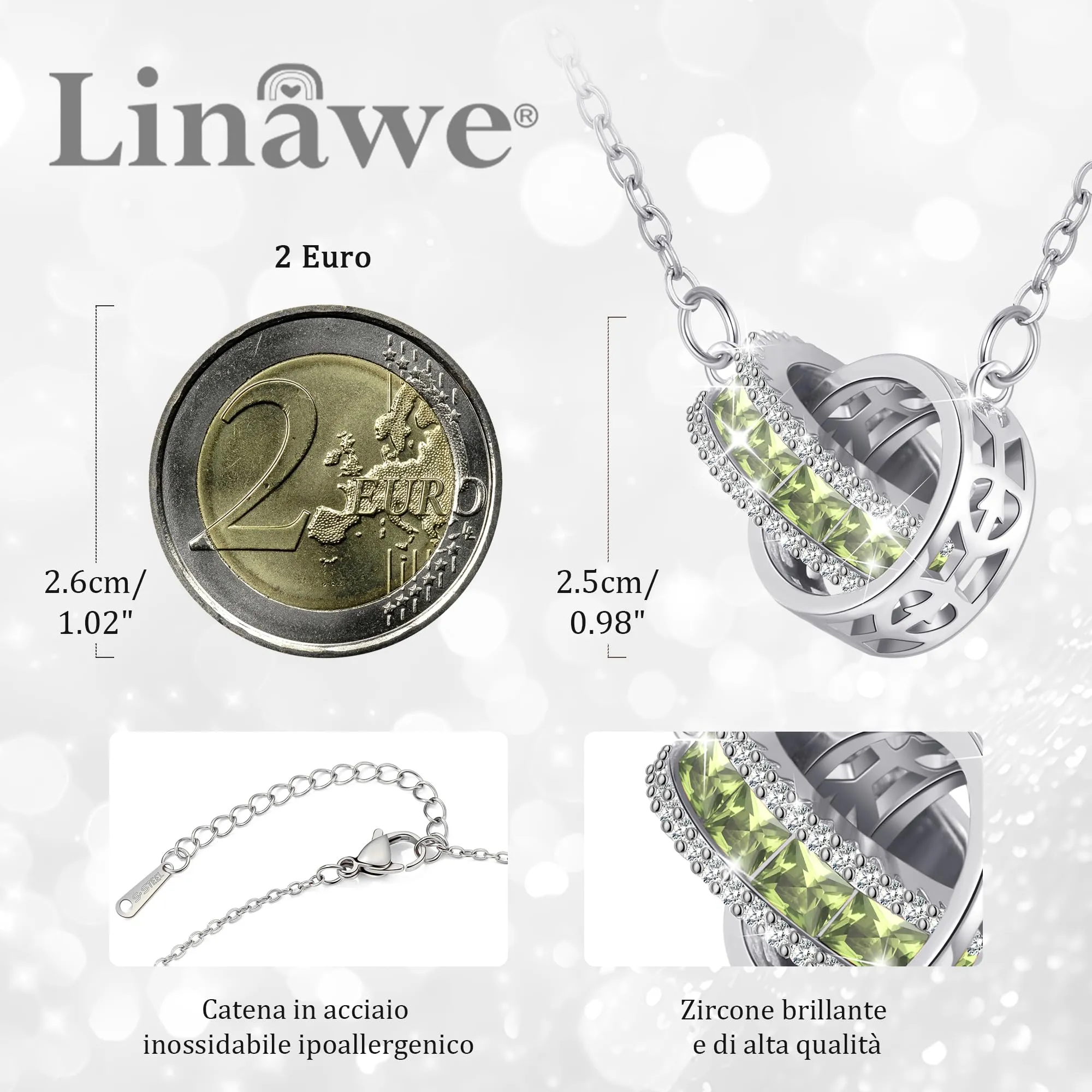 Linawe Collana in argento con ciondolo con gemme, gioielli da donna verde peridoto, collana in argento, set di catenine portafortuna in acciaio inossidabile - immagine 2