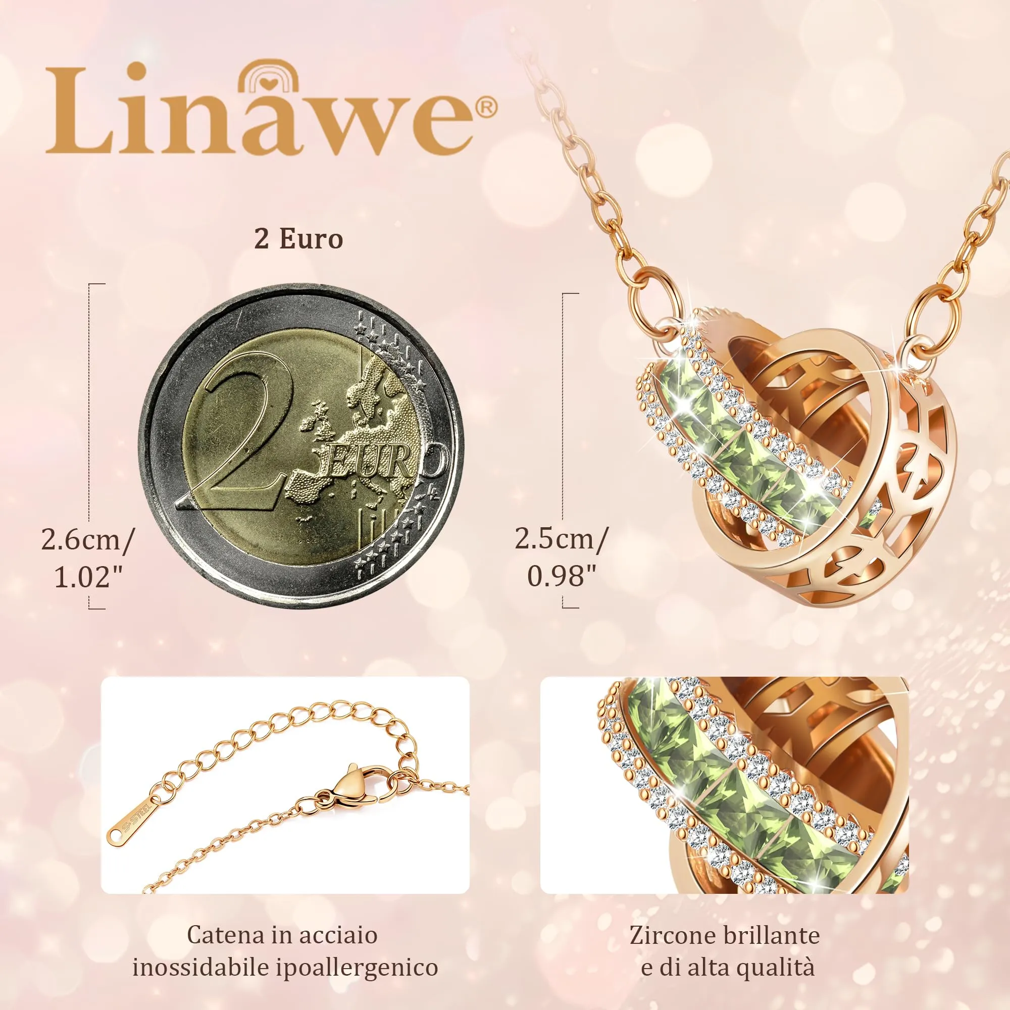 Linawe Collana con ciondolo in peridoto verde da donna in oro rosa, gioielli collane in rame a catena in acciaio inossidabile, set di collana con ciondolo in cristallo con pietra portafortuna - immagine 2