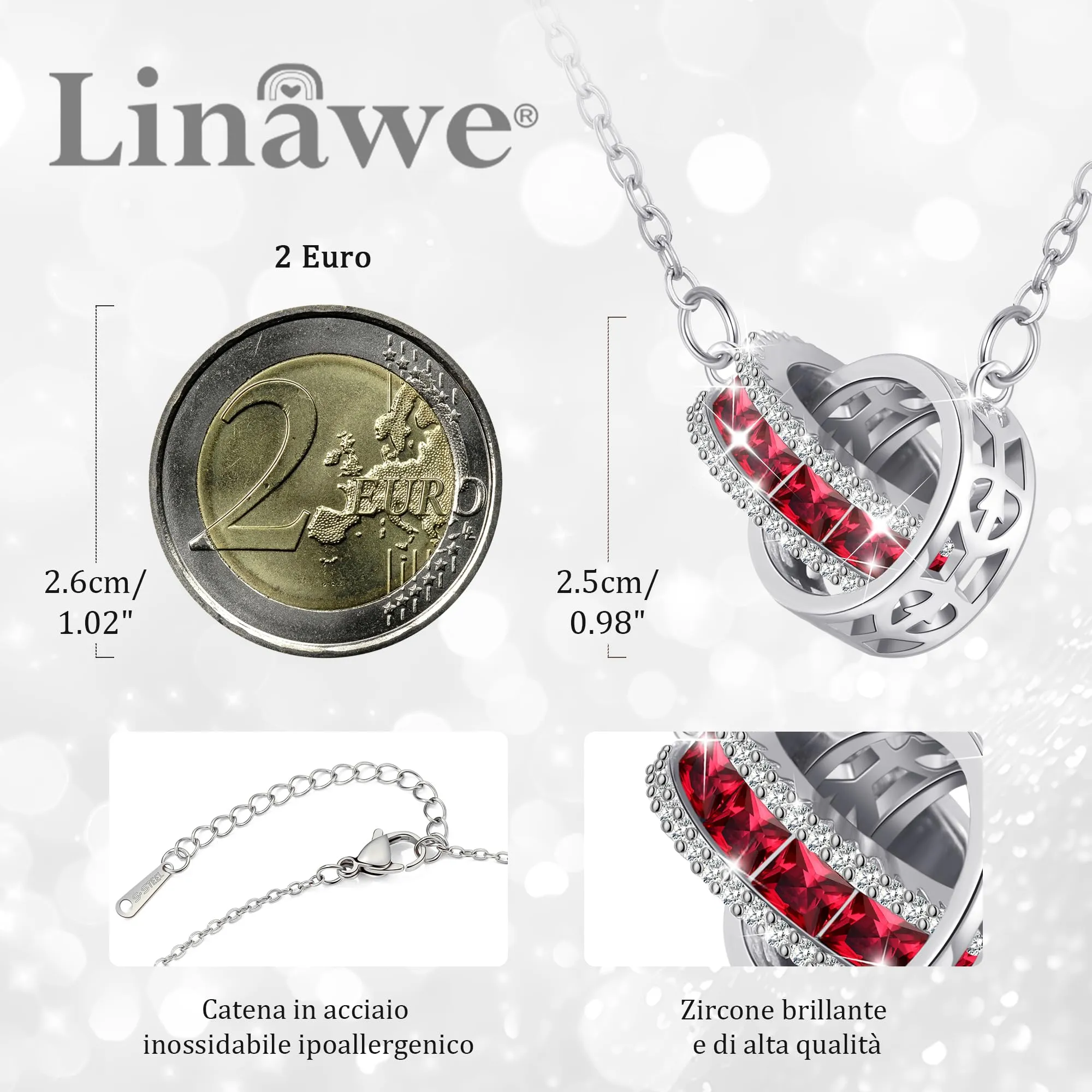 Linawe Gioielli da donna in argento con catena in acciaio inossidabile rosso rubino, collana con ciondolo con pietre preziose, set di gioielli con catenina portafortuna in cristallo - immagine 2